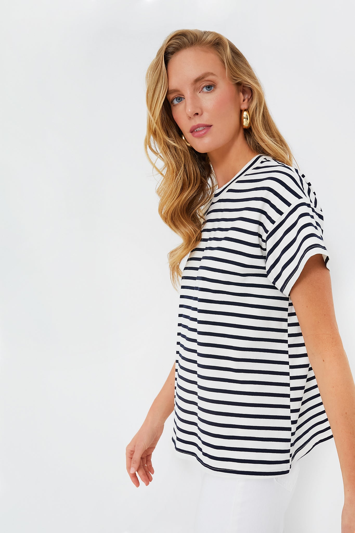 Blue Striped Presley Boyfriend Tee - Soft Cotton Relaxed Fit Women's T-Shirt | Casual Everyday Wear, Weekend Outfits & Layering Essential