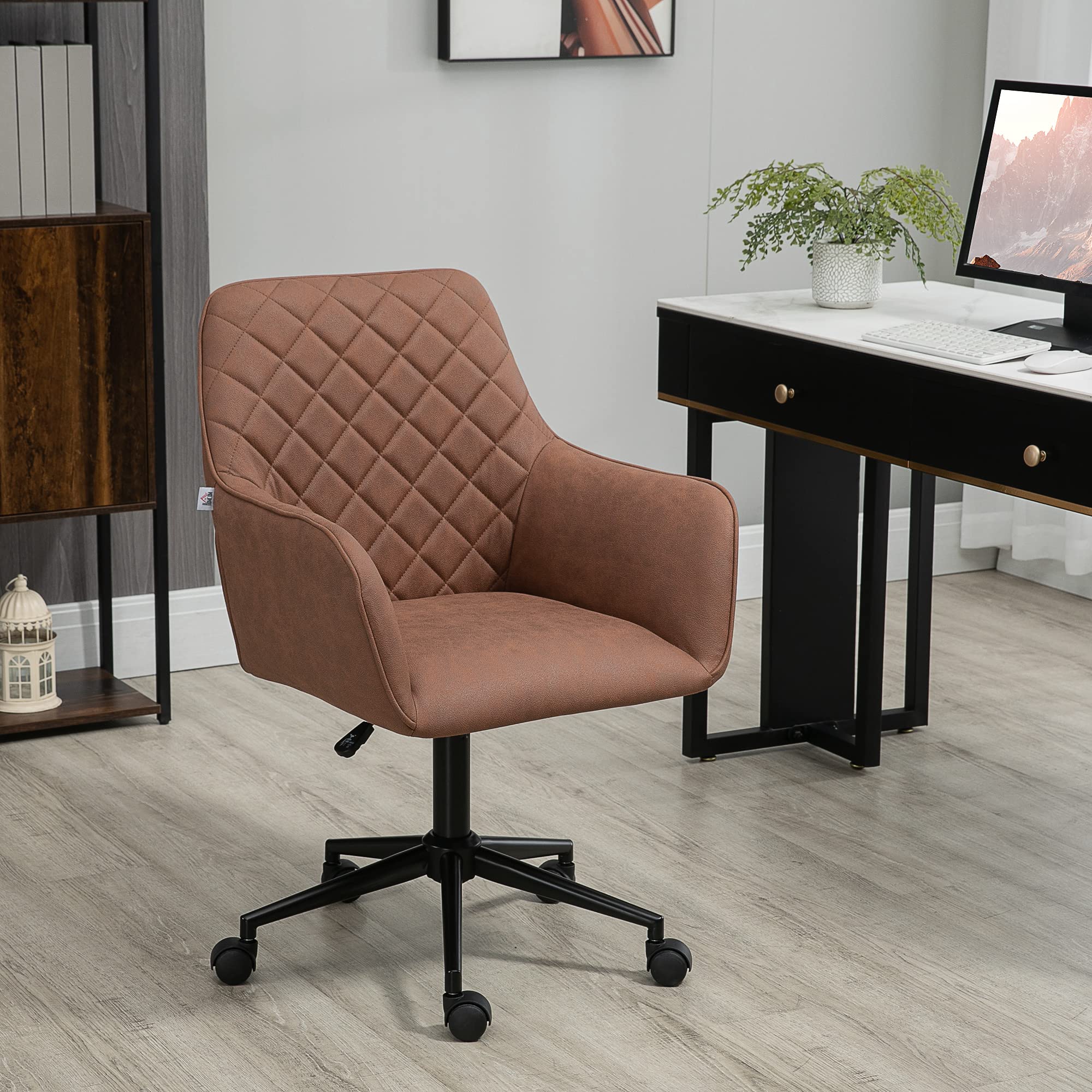 Vinsetto Mid Back Modern Home Office Chair - Adjustable Height Swivel Computer Desk Chair with Microfiber Upholstery, Diamond Stitch Design & Padded Armrests (Brown) - Perfect for Home Office, Gaming & Study Workspaces