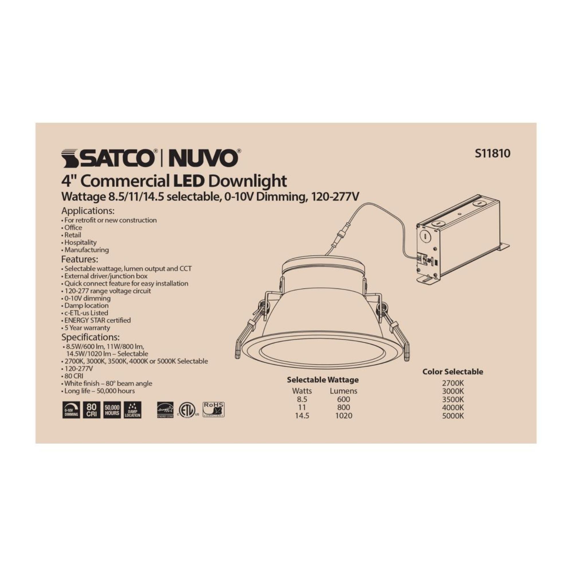 4 Pack Commercial LED Downlight 1020 Lumens Adjustable 5 CCT (3000K-6500K) White Recessed Ceiling Light 120-277V for Office, Retail Store & Warehouse Lighting