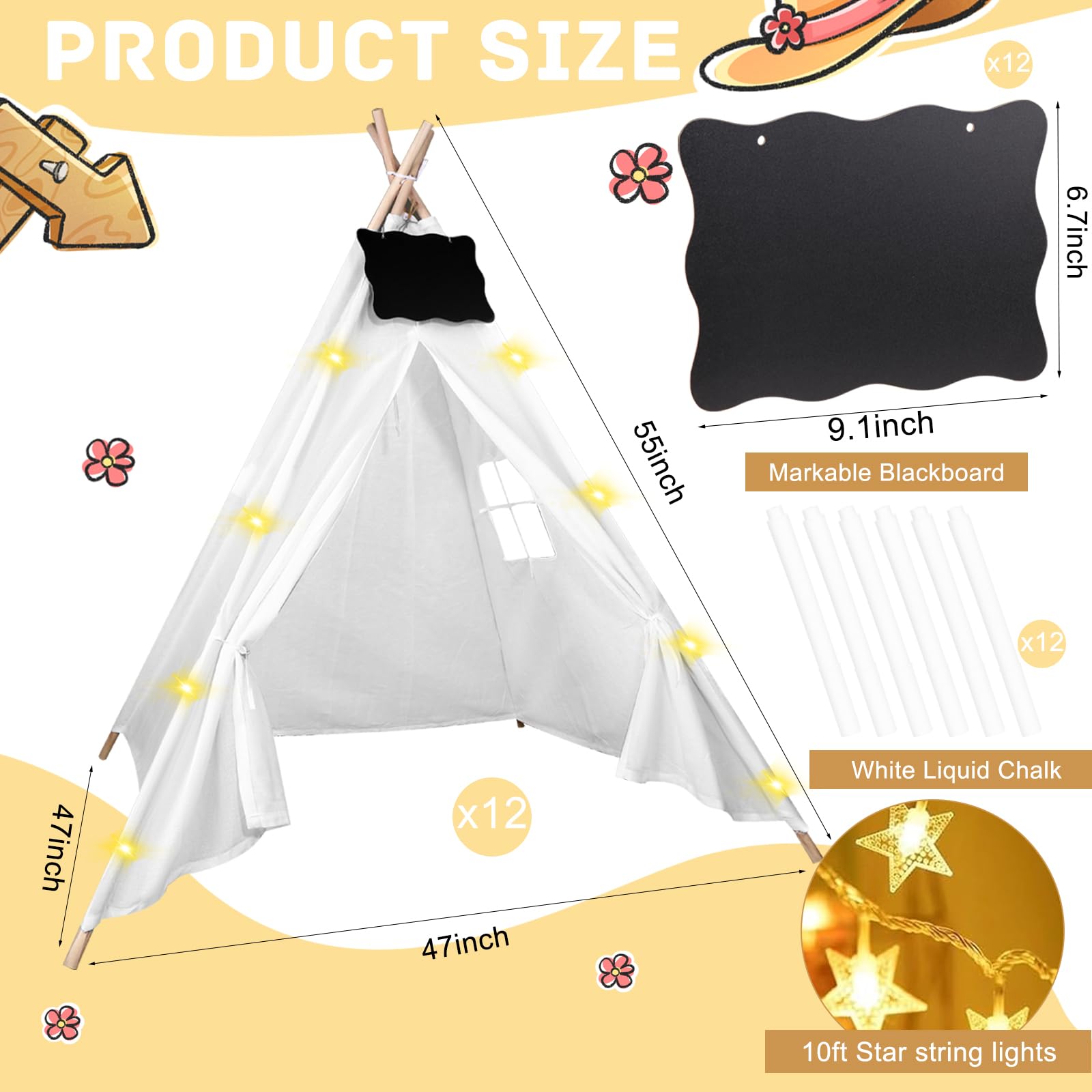 12-Piece Teepee Tent Set with Chalkboard & 10FT String Lights - Foldable Indoor/Outdoor Play Tent for Kids, Girls & Boys - Perfect for Birthday Parties, Boho Sleepovers & Nursery Decor (White)