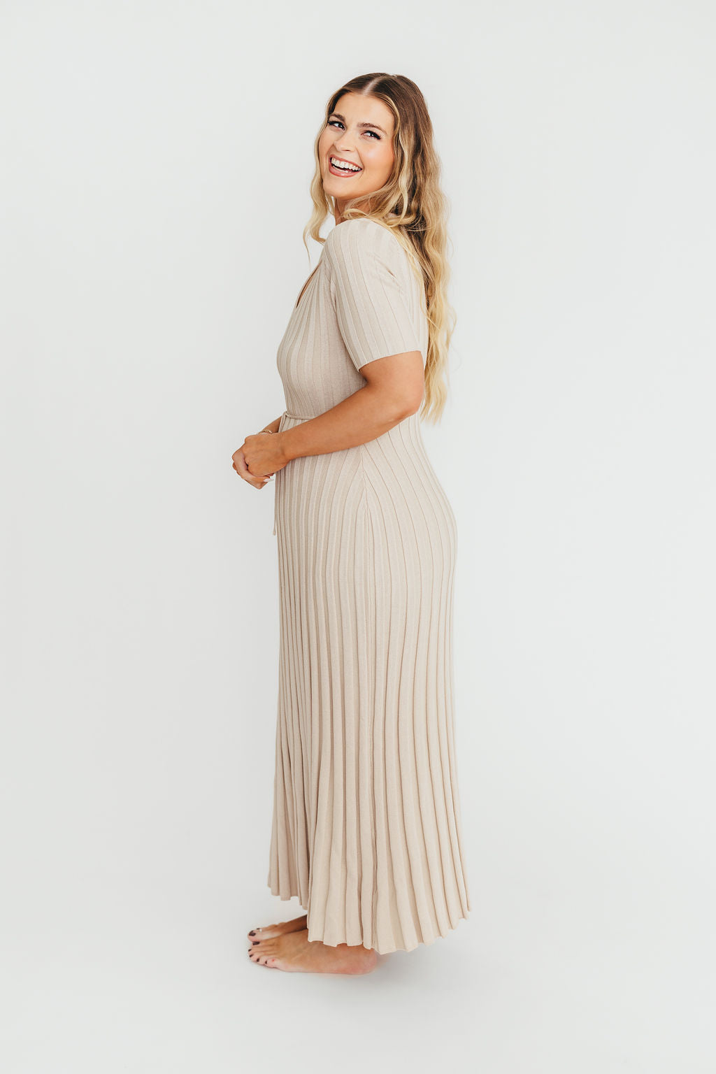 Oakley Ribbed Maxi Dress in Dusty Taupe - Bump Friendly Maternity Dress for Women | Comfortable Stretchy Pregnancy Outfit for Casual Wear, Baby Shower & Special Occasions
