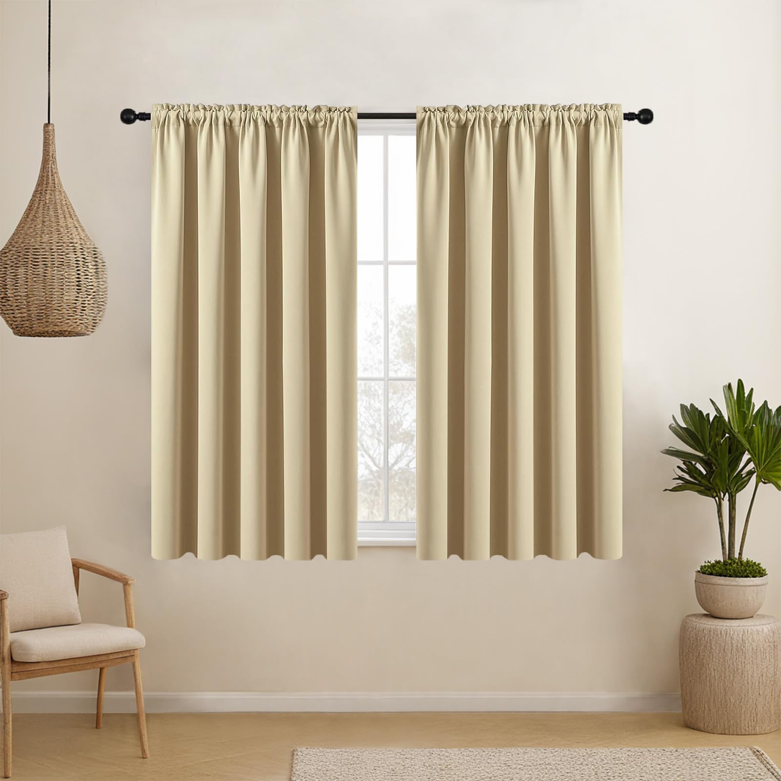 Blackout Curtains for Small Windows - Thermal Insulated Room Darkening Drapes with Rod Pocket, 52x45 Inch, Beige, Set of 2 Panels - Perfect for Bedroom, Living Room & Home Theater Light Blocking