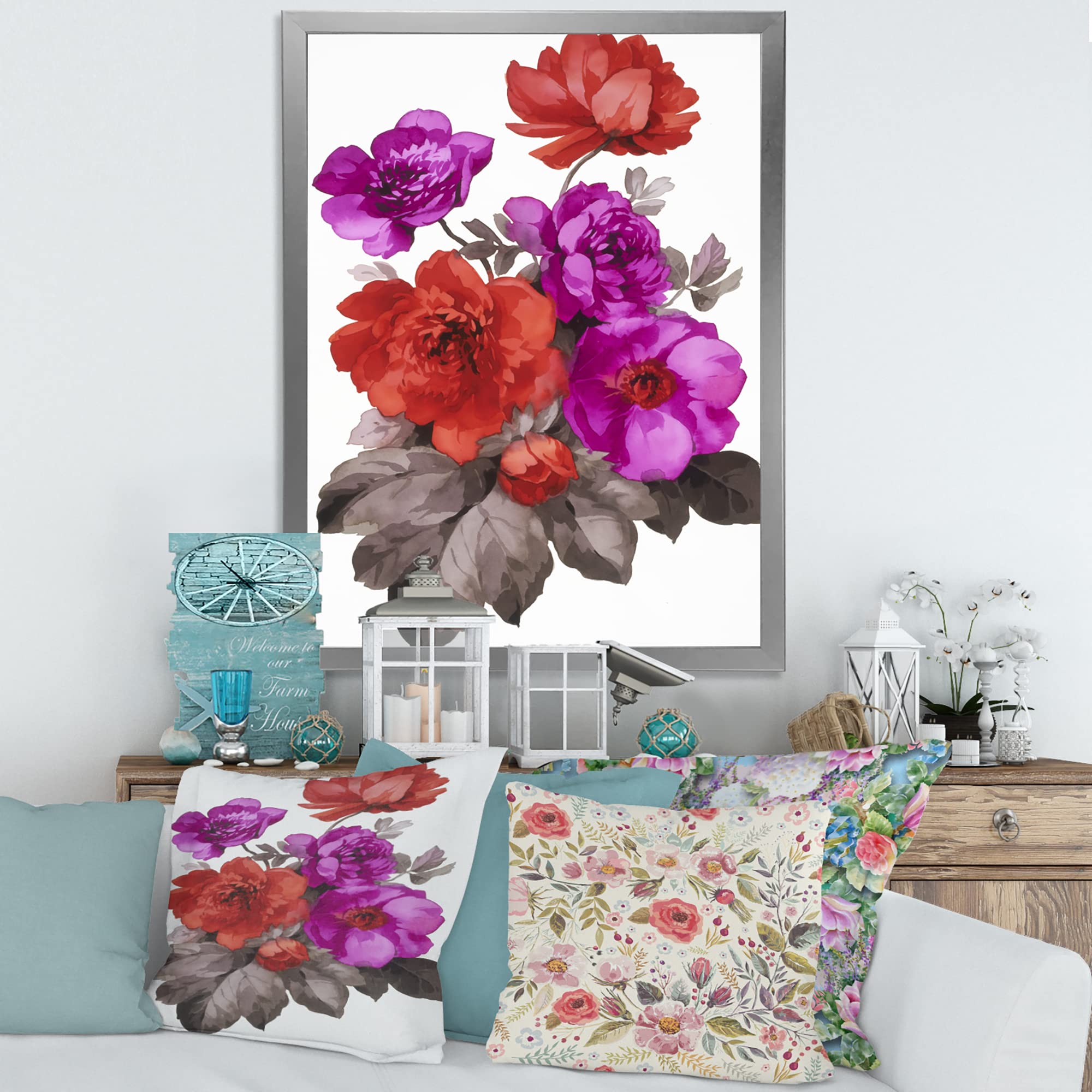 Vibrant Red and Fuchsia Floral Traditional Framed Wall Art - Elegant Home Decor for Living Room, Bedroom & Office