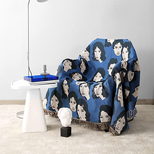 Bohemian Cotton Woven Throw Blanket with Fringe - Reversible Sofa & Couch Blanket - Abstract People Avatar Design in Blue - Soft Knitted Blanket for Bed, Chair, or Home Decor - Perfect for Cozy Evenings, Living Room Accent & Office Comfort