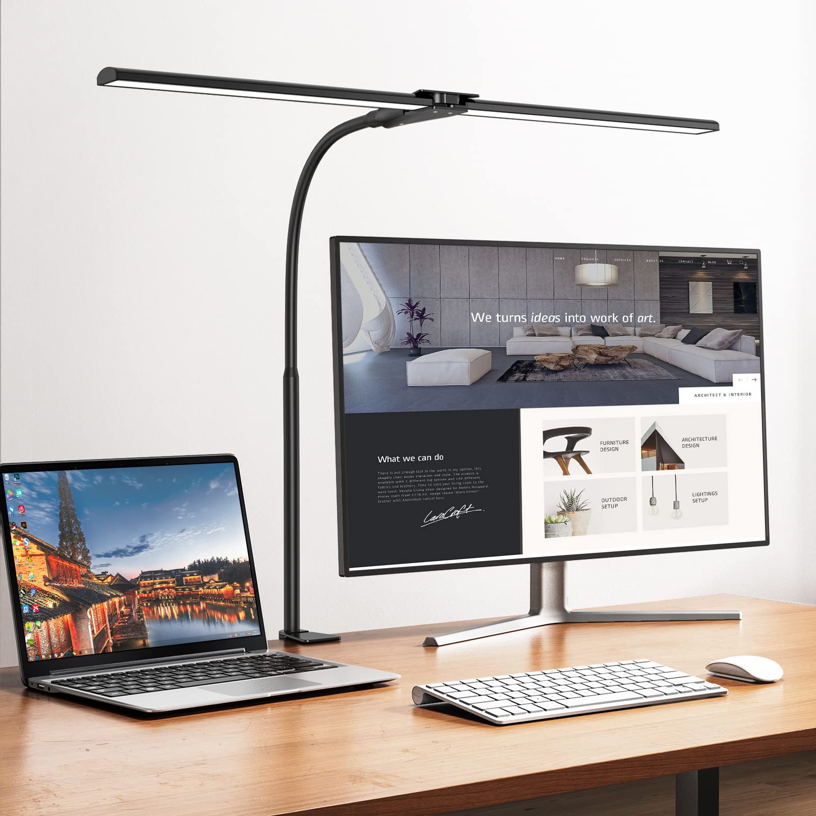 EppieBasic Adjustable Double Head LED Desk Lamp with Clamp - Eye-Caring Home Office Lighting, Flexible Gooseneck & Dimmable Monitor Light for Computer Work, Reading, and Study