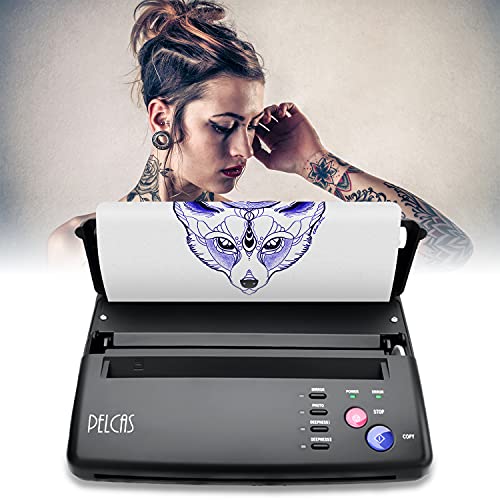 PELCAS Professional Tattoo Stencil Printer Machine - Thermal Transfer Printer for Tattoo Artists with 10 Sheets Tattoo Transfer Paper - Ideal for Tattoo Studio, Body Art Design & Permanent Makeup (Black)