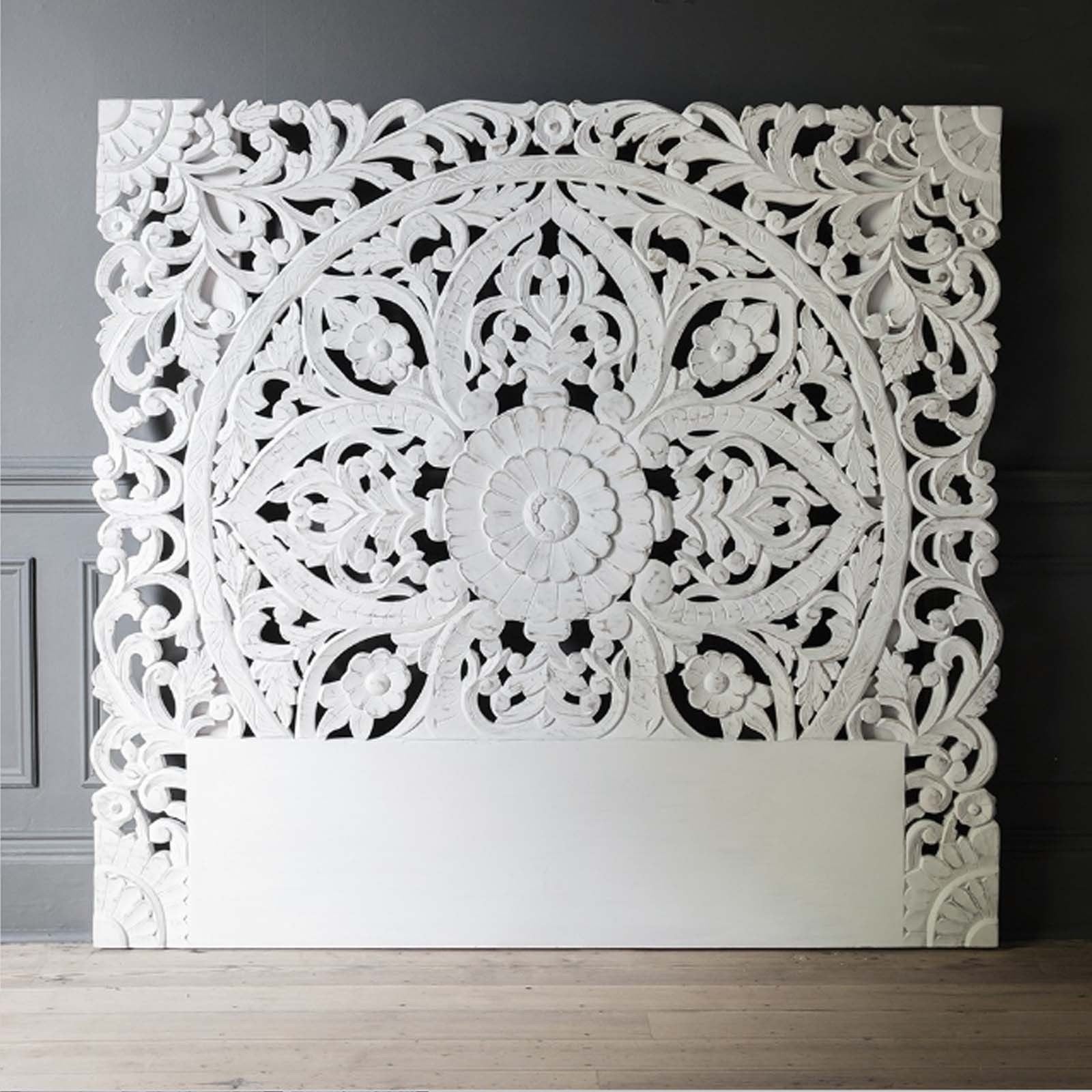 Hand Carved Wooden Wall Panel Headboard - White Queen Size Bed Headboard for Master Bedroom, Guest Room & Home Decor