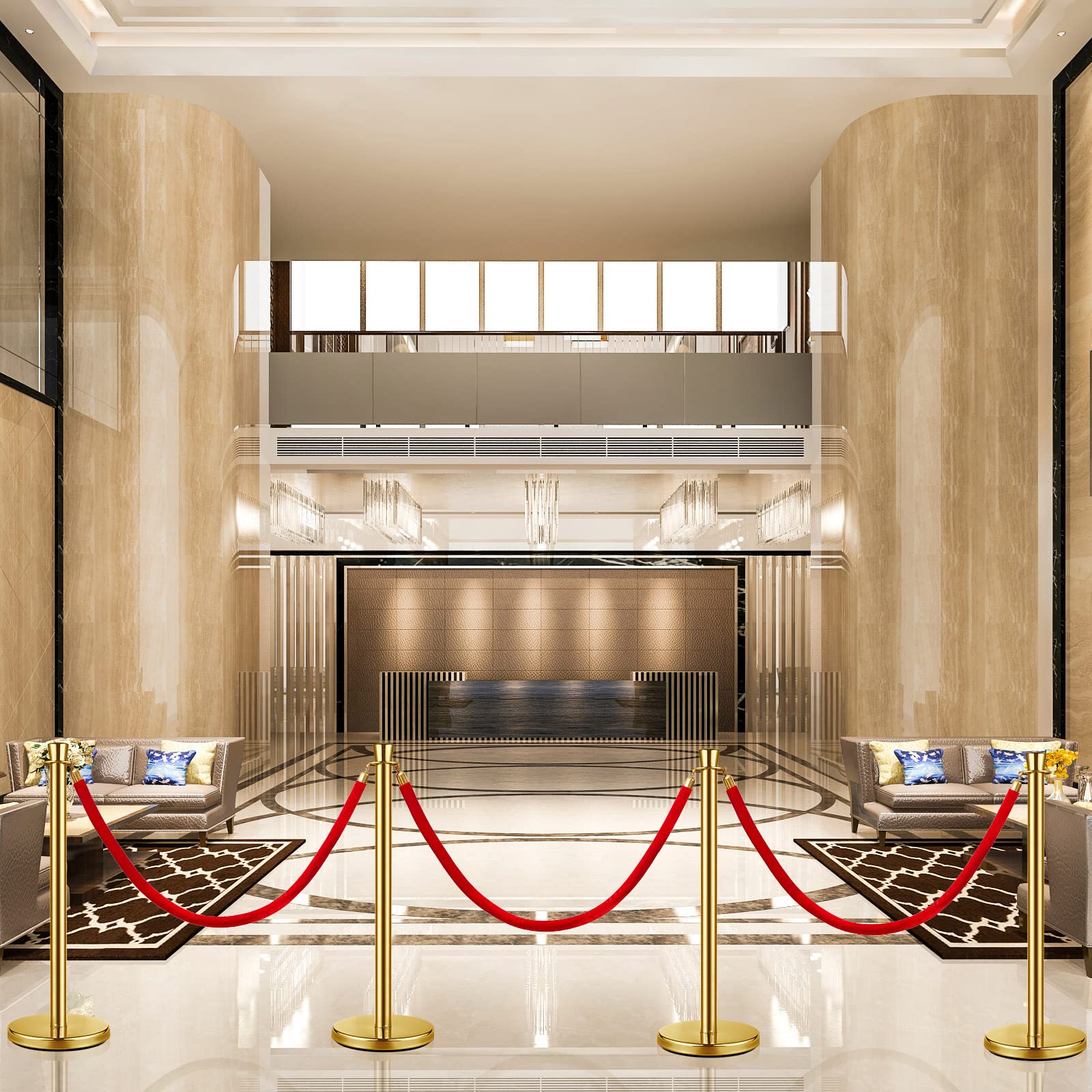 Wesiti 8-Piece Stainless Steel Stanchion Post Set with 5ft Red Velvet Rope - Gold Crowd Control Barriers for Events, Parties, VIP Areas & Red Carpet Occasions