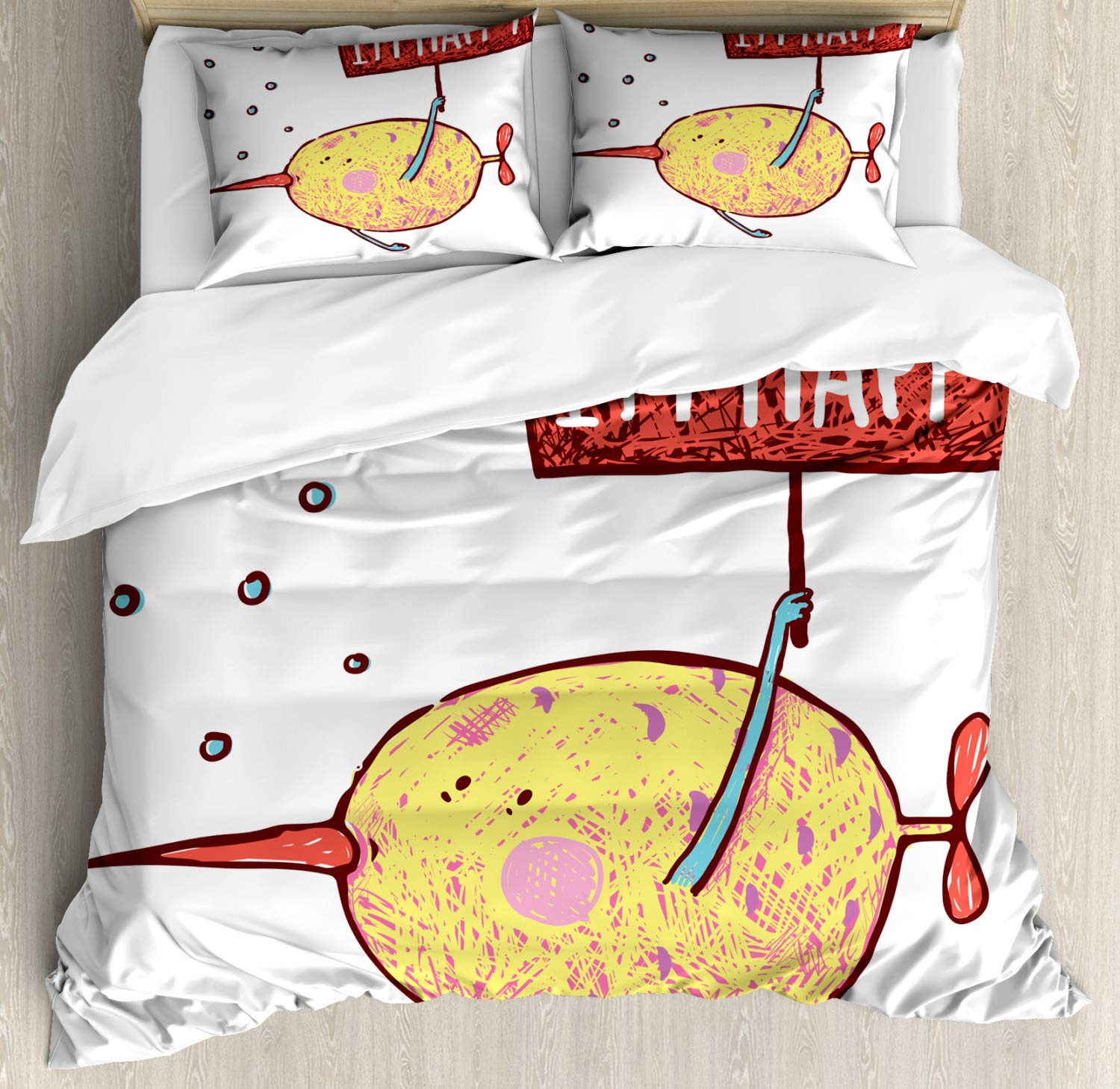 Ambesonne Cartoon Duvet Cover Set - Funny Fat Little Fish Character with Happy Phrase Flag Design, 3-Piece Bedding Set with 2 Pillow Shams, California King Size, Vibrant Multicolor | Perfect for Kids' Rooms, Beach Themed Bedrooms & Humorous Home Decor