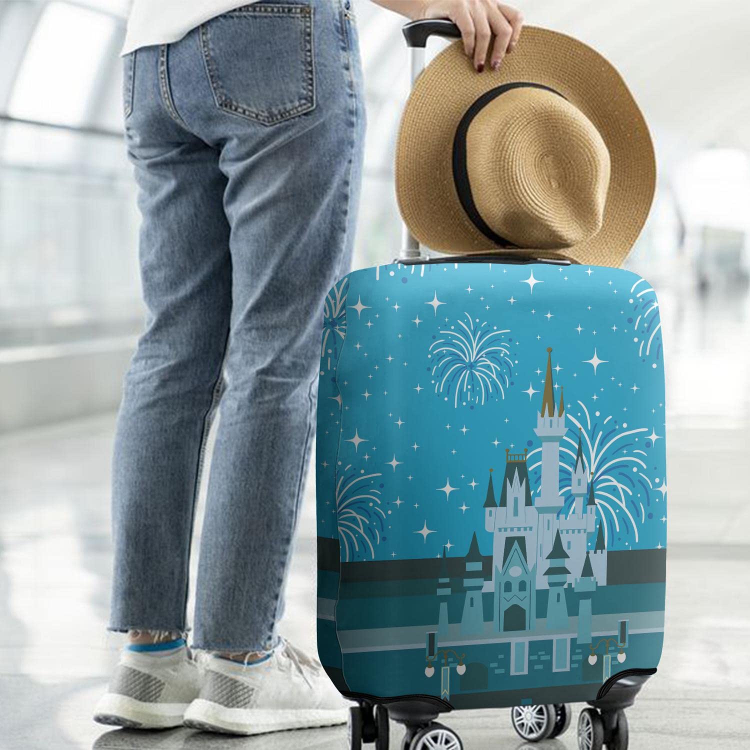 Waterproof Luggage Cover Protector for 22-24 Inch Suitcases - Durable Travel Baggage Protector with Castle Firework Design | Perfect for Air Travel, Vacation & Business Trips