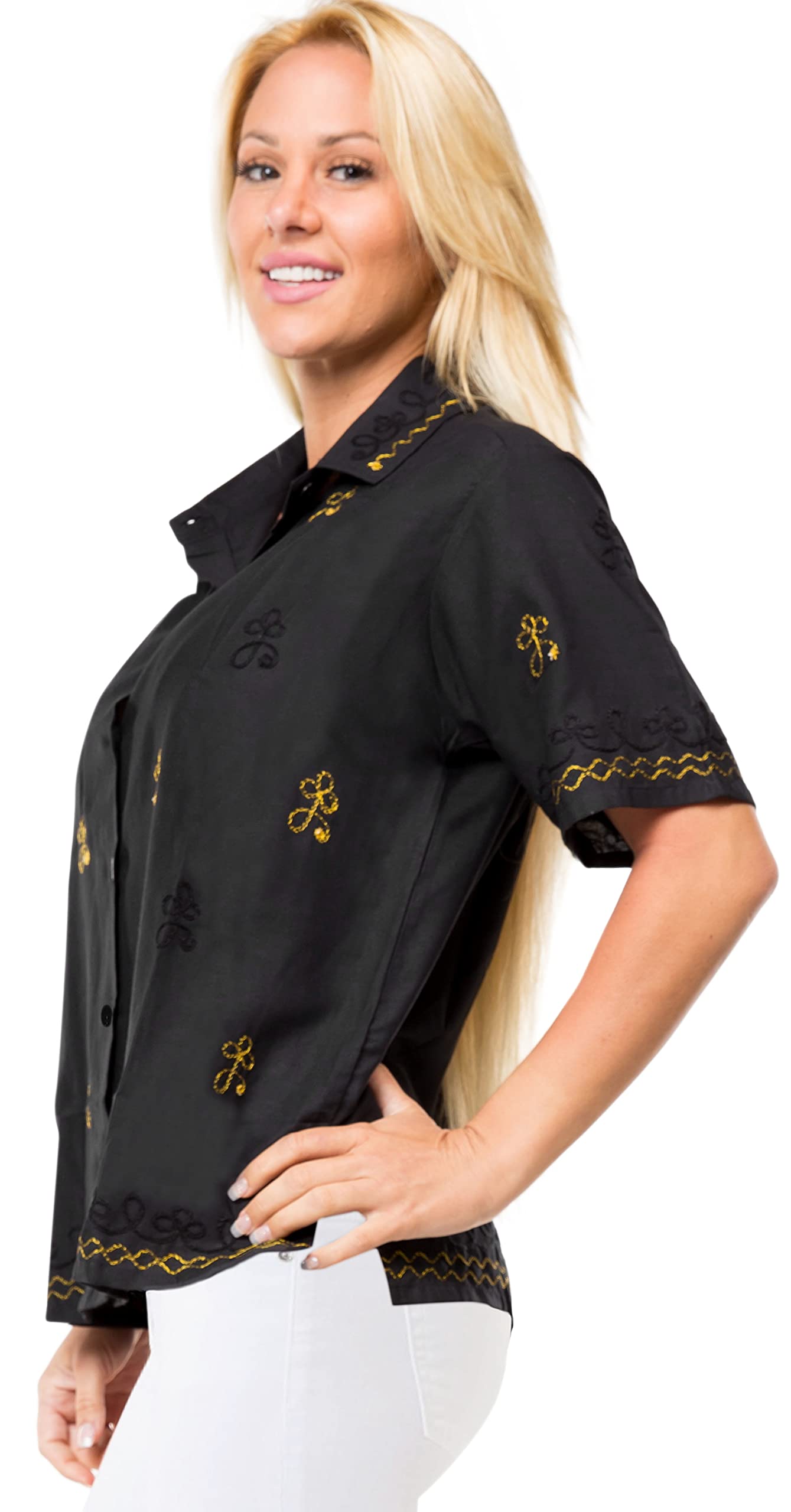 LA LEELA Women's Hawaiian Shirt - Floral Beach Short Sleeve Blouse for Summer Vacation, Pool Party & Tropical Getaway