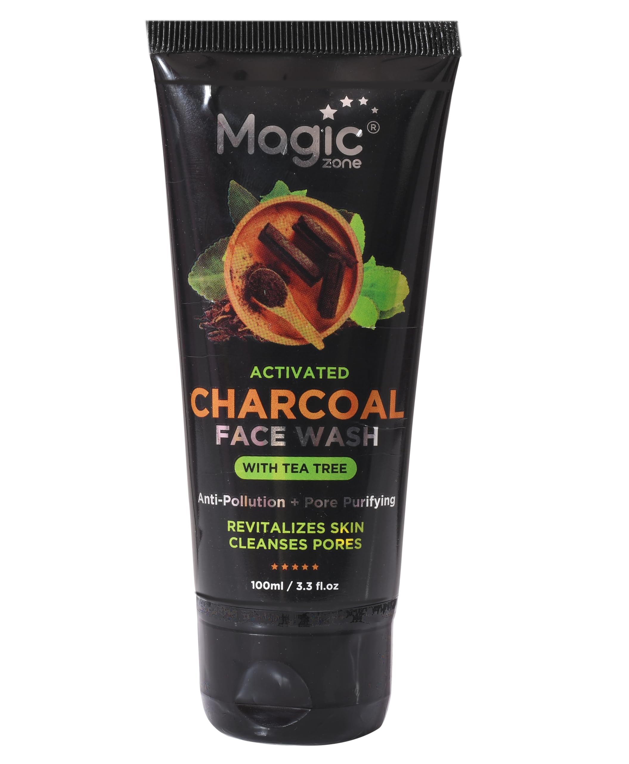 Magic Zone Activated Charcoal Face Wash 100ml - Deep Cleansing for Oily Skin, Reduces Pimples & Blackheads, Removes Dead Skin Cells, Cooling Freshness with Charcoal Beads for Instant Radiance | Perfect for Daily Skincare & Acne Treatment
