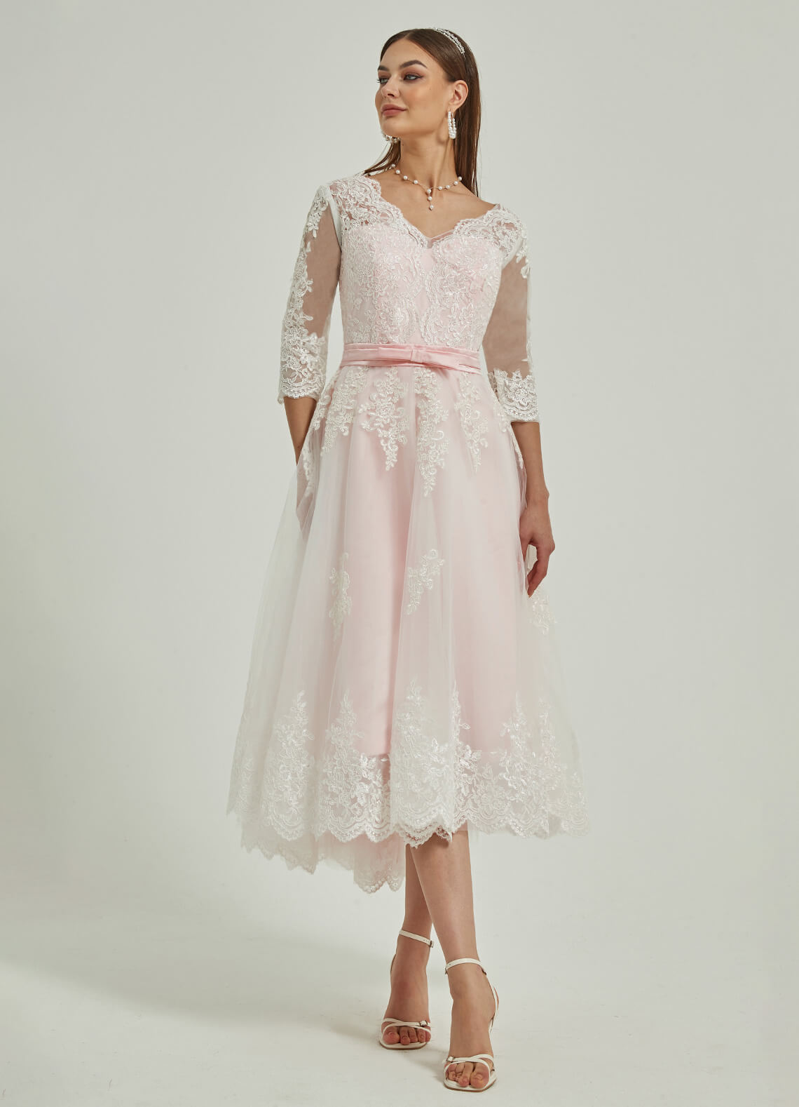 Elegant Diamond White & Blush Lace A-Line Wedding Dress with 3/4 Sleeves & High-Low Hem - Perfect for Beach Weddings, Vow Renewals & Romantic Photoshoots