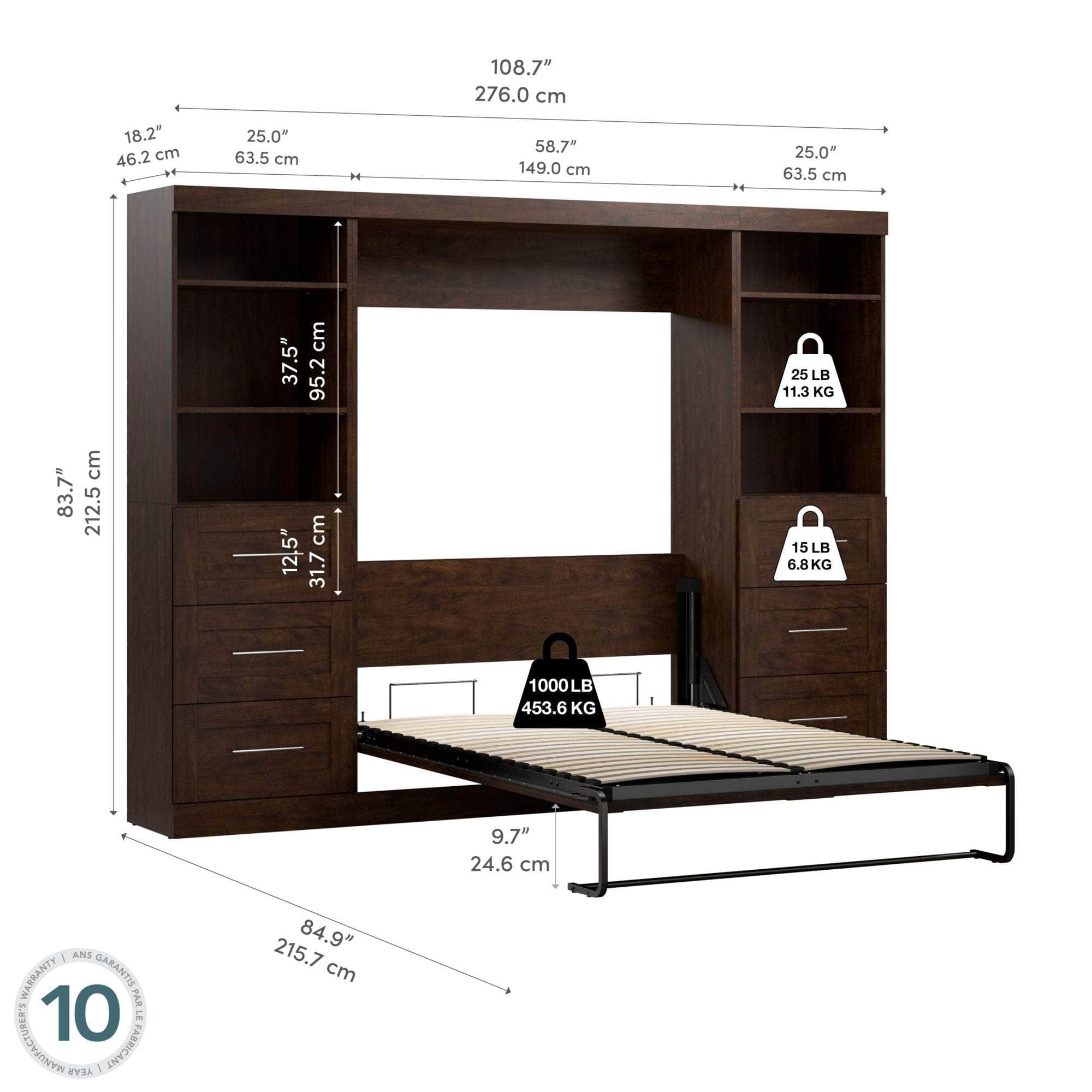Pur Full Murphy Wall Bed with 2 Storage Units & Drawers (109W) - 7 Color Options for Space-Saving Home Office, Guest Room & Small Apartments