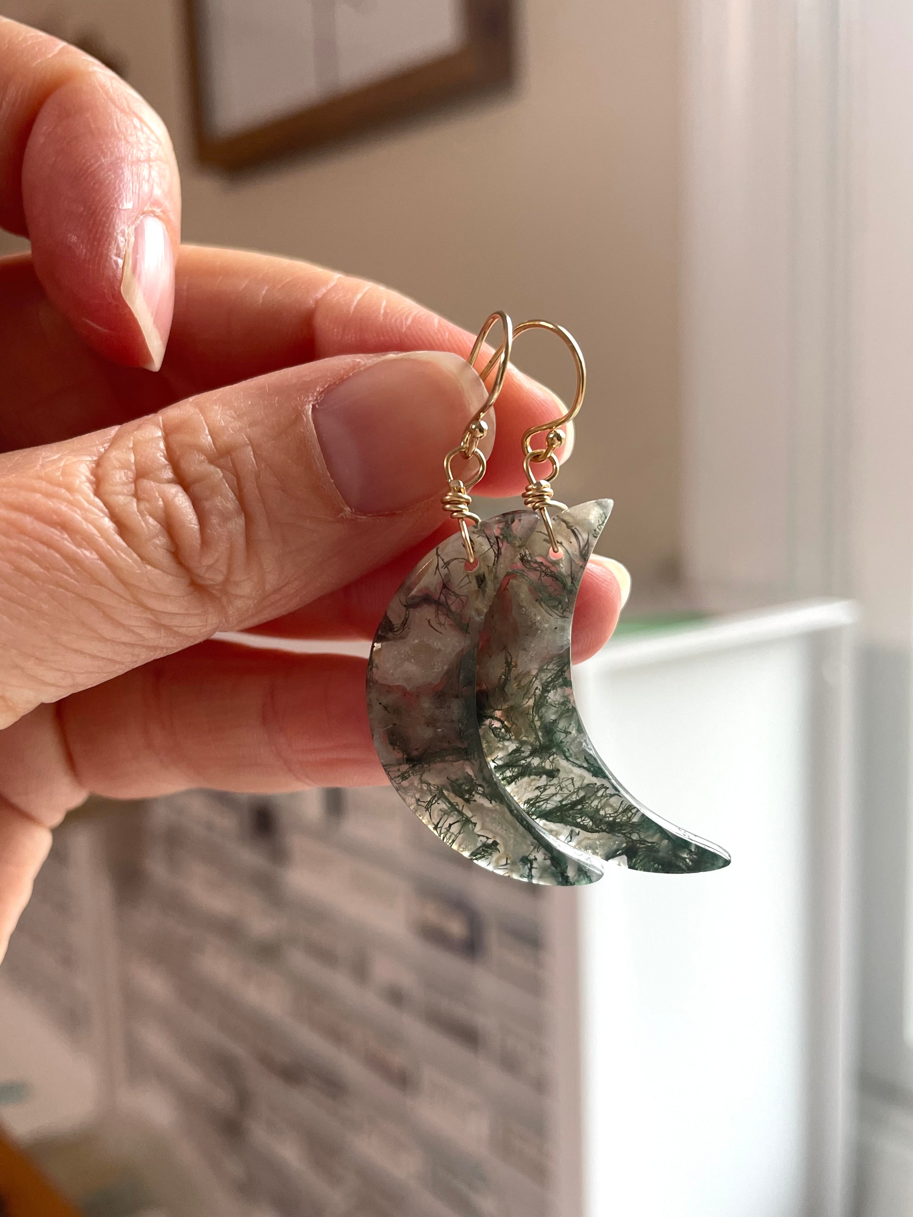 Natural Moss Agate Moon Dangle Earrings - Gold Filled Statement Jewelry for Women - Perfect for Boho, Hippie & Festival Outfits