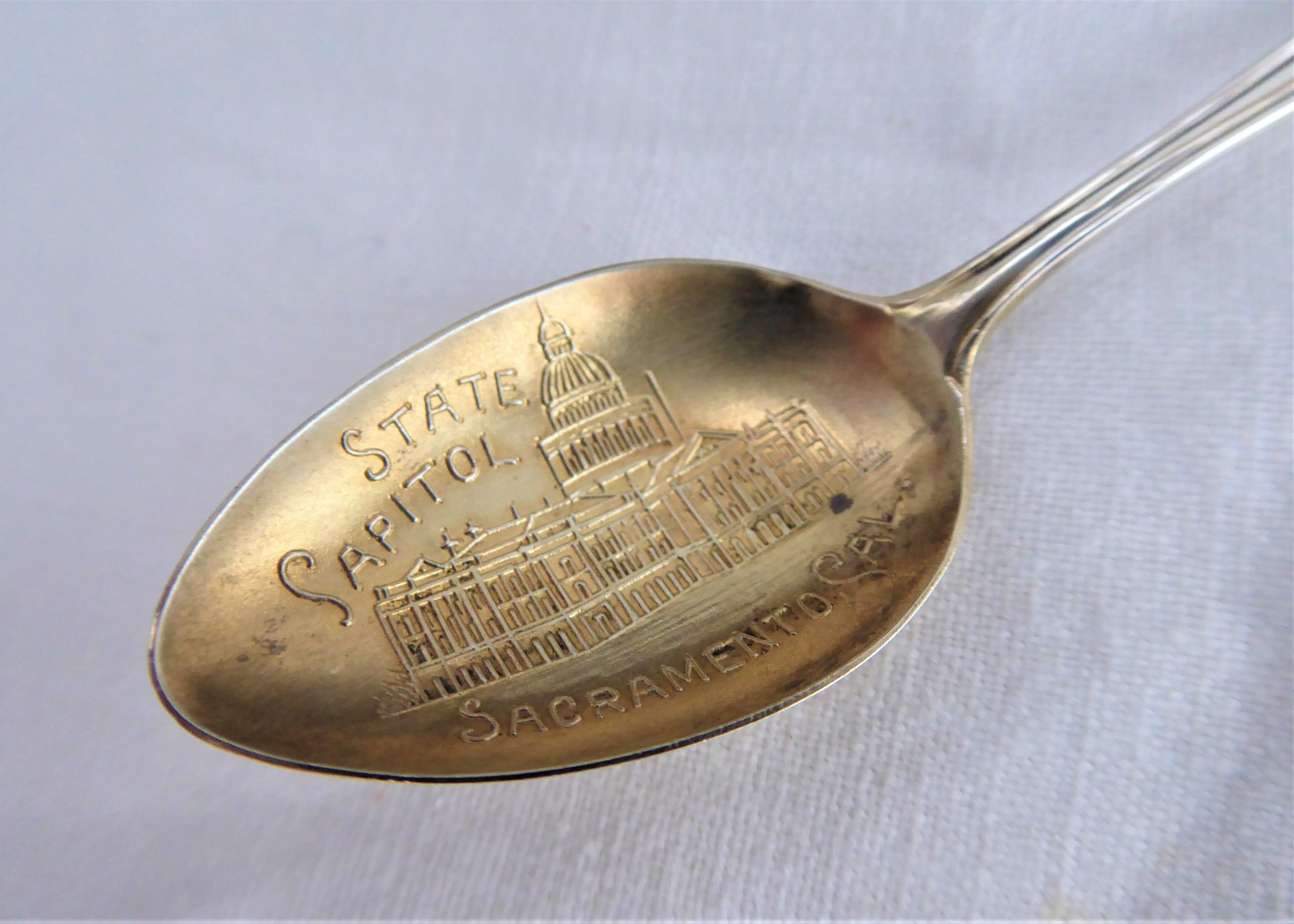 Antique Victorian Sterling Silver Souvenir Spoon - Sacramento California 1890s with Embossed Gold Wash Bowl | Collectible Silverware, Perfect for Display, Gift Giving & Historical Collections