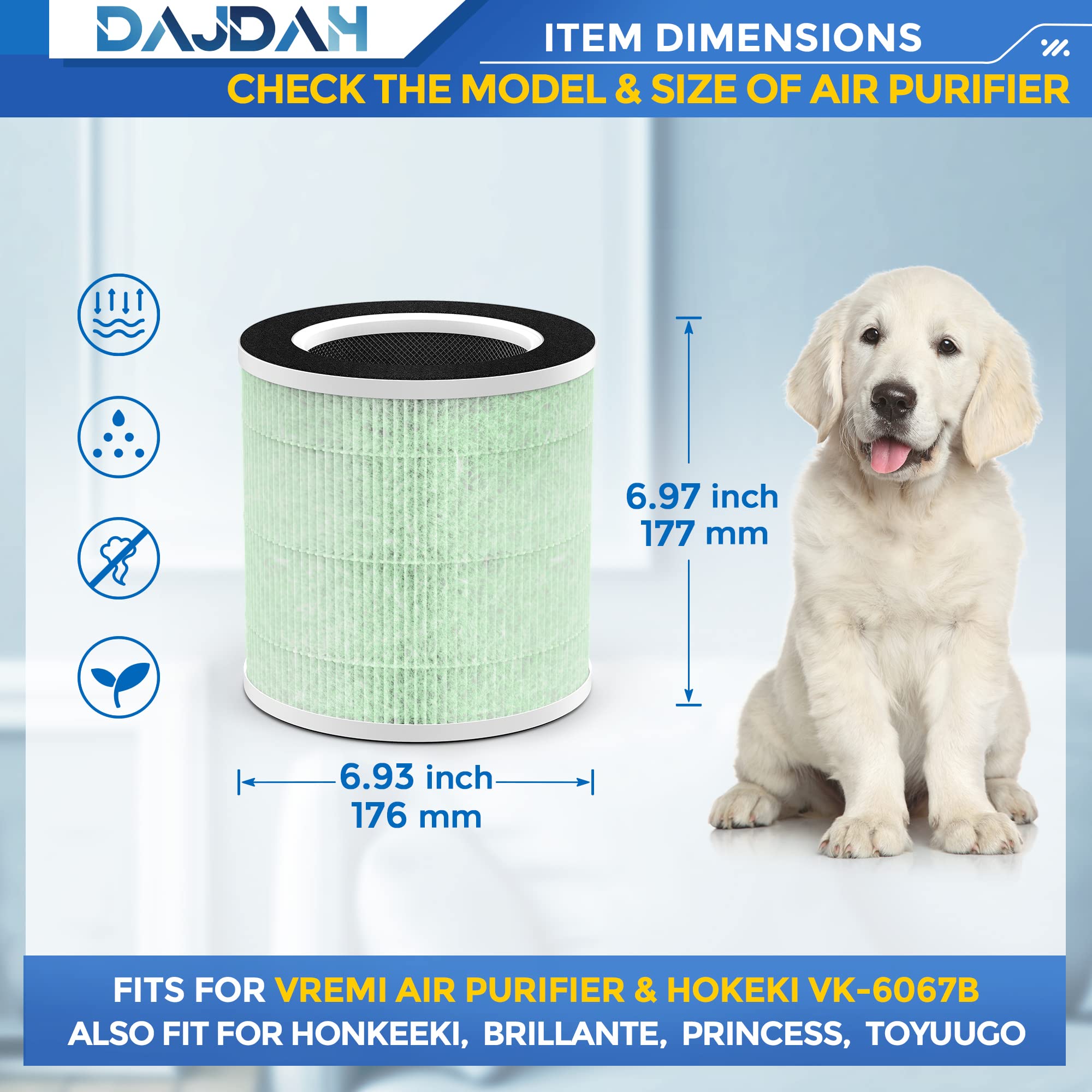 VK-6067B H13 True HEPA Air Purifier Filter Replacement - Compatible with Vremi & Hokeki Air Purifiers (1-Pack) - Perfect for Allergies, Dust, and Pet Dander Removal in Home or Office