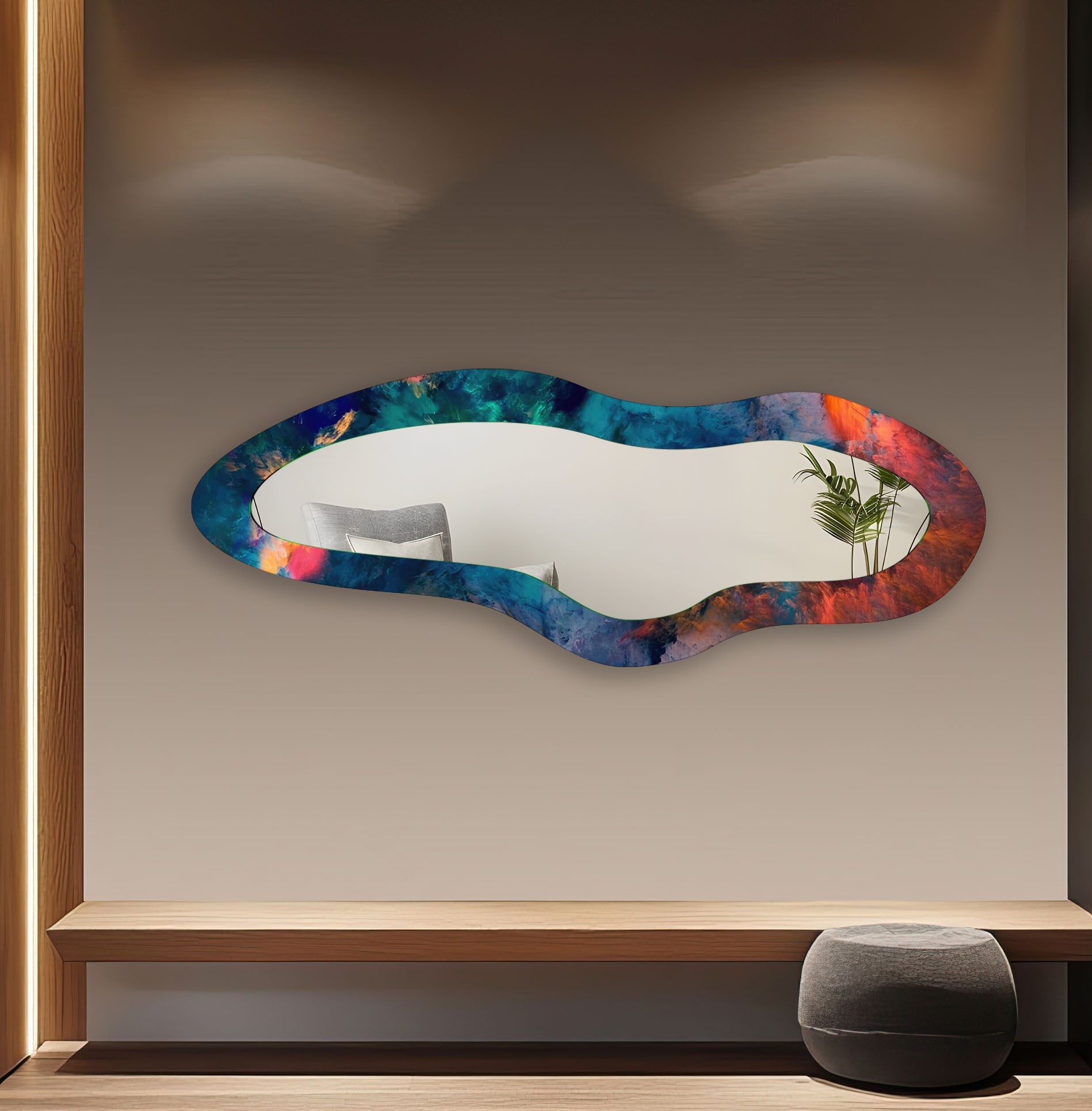 Blue Abstract Modern Glass Wall Mirror - Elegant Home Decor for Living Room, Bedroom & Entryway