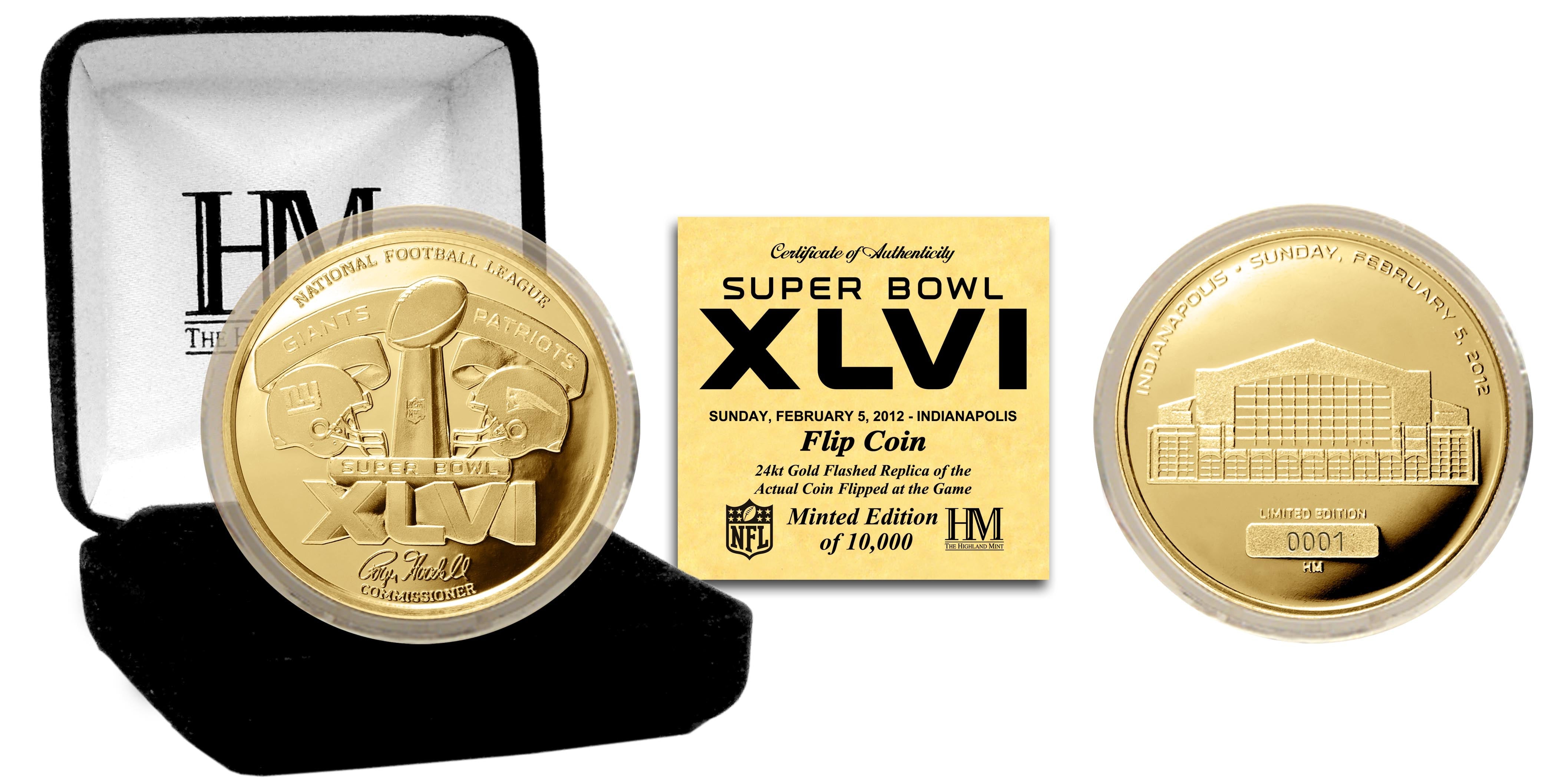 Official Super Bowl XLVI 24KT Gold Commemorative Flip Coin - Collector's Edition for Football Fans, Sports Memorabilia & Game Day Decor