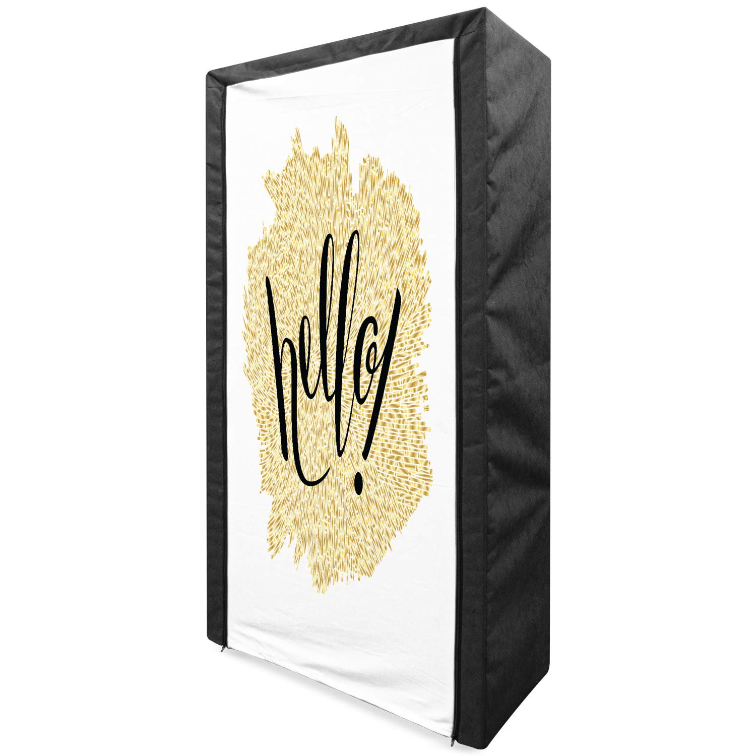 Ambesonne Hello Portable Fabric Wardrobe - Modern Mosaic Brush Pen Lettering Design, 33.5 Inch Clothing Organizer with Shelves (Black/White/Yellow) | Perfect for Bedroom Closet Storage, Dorm Room Organization & Travel Garment Bag