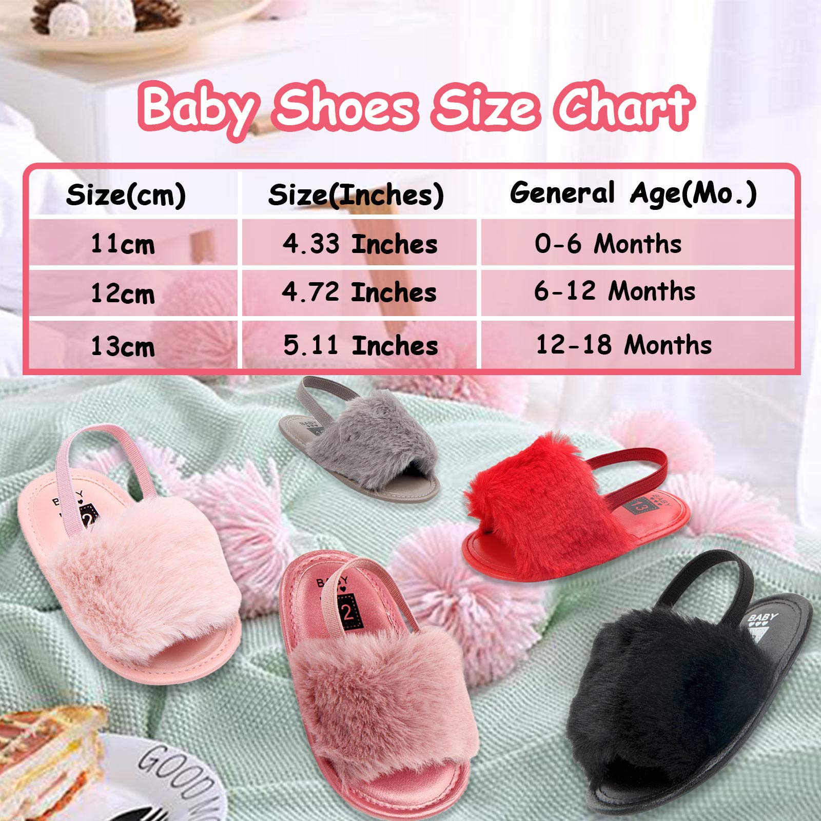 2 Pack Baby Girls Sandals - Soft Elastic Back Strap Flats with Faux Fur - First Walker House Slippers for Toddlers (Pink/White) | Indoor/Outdoor Use, Playtime & Special Occasions