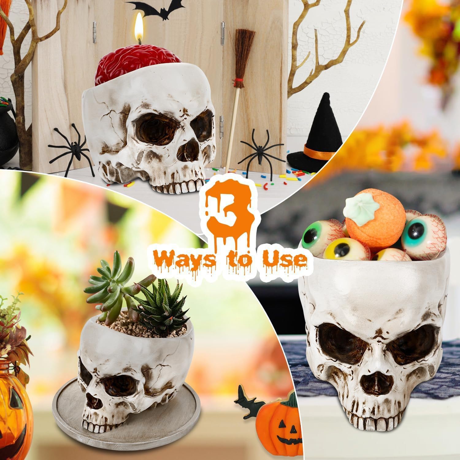 Halloween Skull Sculpture Decor - Spooky White Candle Holder & Planter Dish - Gothic Home Decor for Halloween Party, Table Centerpiece, Garden Accent