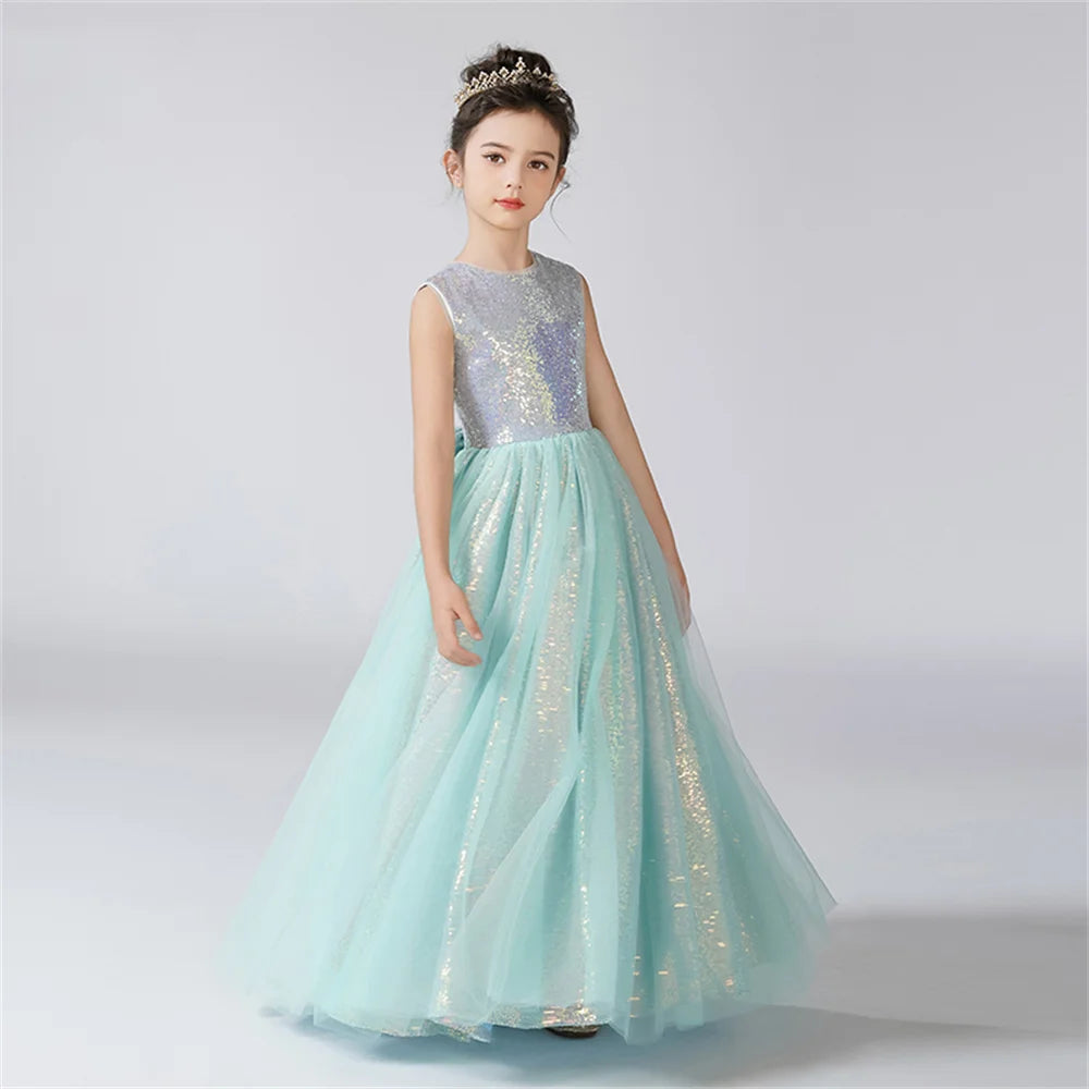 Shiny Flower Tulle O-Neck Sleeveless Flower Girl Dress for Birthday Parties, Weddings & Formal Events - Perfect for Pageants, First Communion & Special Occasions