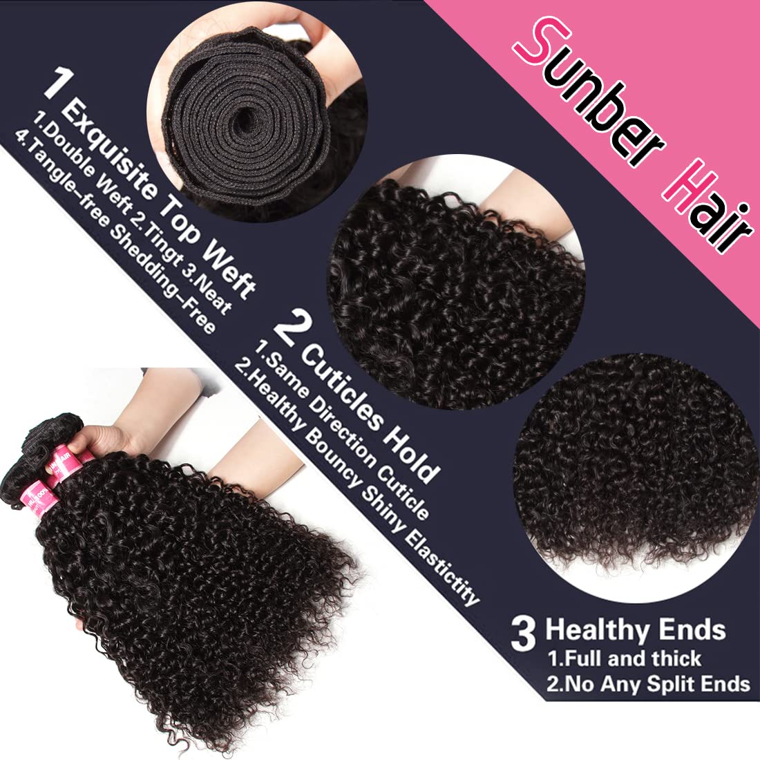 Sunber 10A Grade Brazilian Virgin Jerry Curly Human Hair Extensions - 3 Bundles 100% Unprocessed Remy Hair Weaves in Natural Black (20/22/24 Inch) for Wavy Curly Hairstyles - Perfect for Daily Wear, Parties & Special Occasions