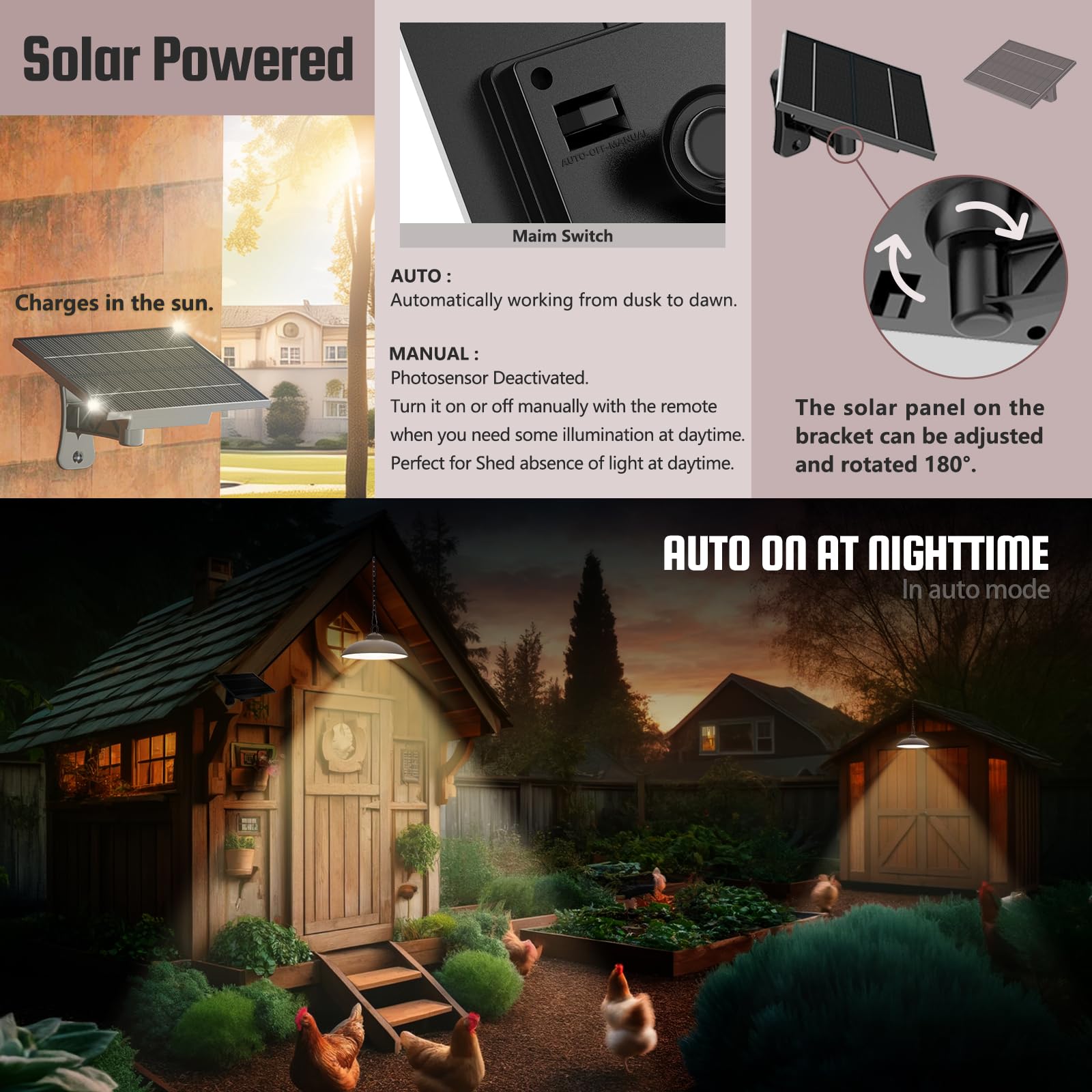 Solar Pendant Lights Outdoor Indoor - 300 Lumen LED Solar Shed Light with Remote Control, 3 CCT Options, 2 Brightness Levels & Timer - Rubbed Bronze Finish (Single Pack) - Perfect for Patio, Garden, Garage & Home Decor