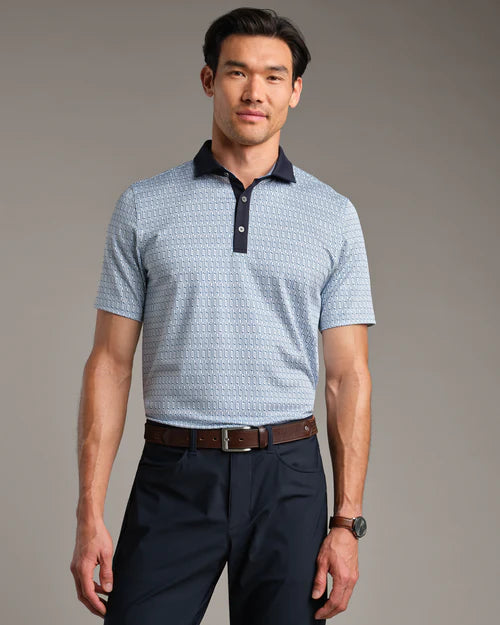 Rhone Men's Golf Sport Spread Collar Polo Shirt - Blue Stone/White Club Print - Moisture-Wicking Performance Shirt for Golf, Tennis & Casual Wear