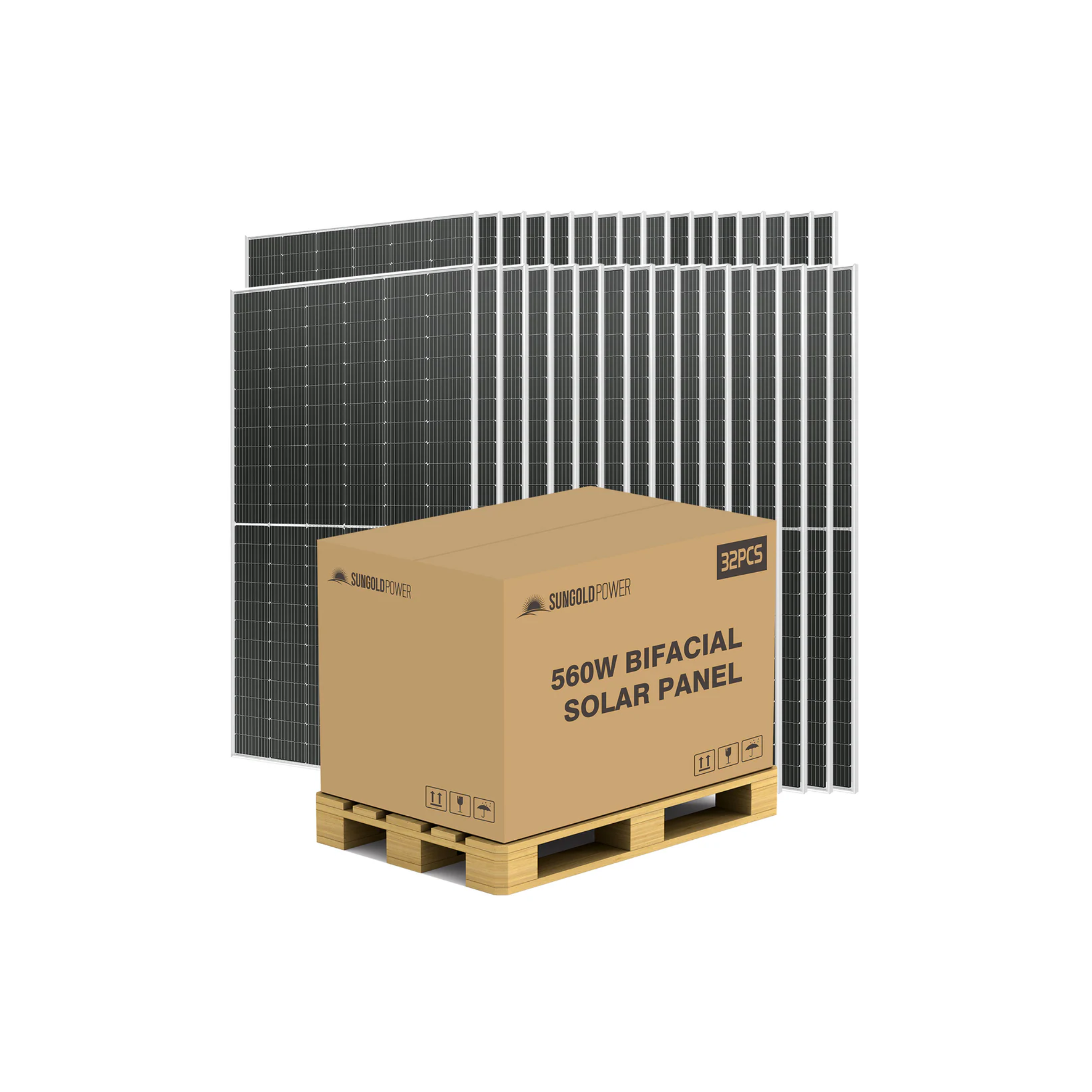 SunGoldPower 560 Watt Bifacial PERC Solar Panel - High Efficiency 32-Panel Pallet (SG-560WBG) for Home, Commercial & Off-Grid Solar Systems