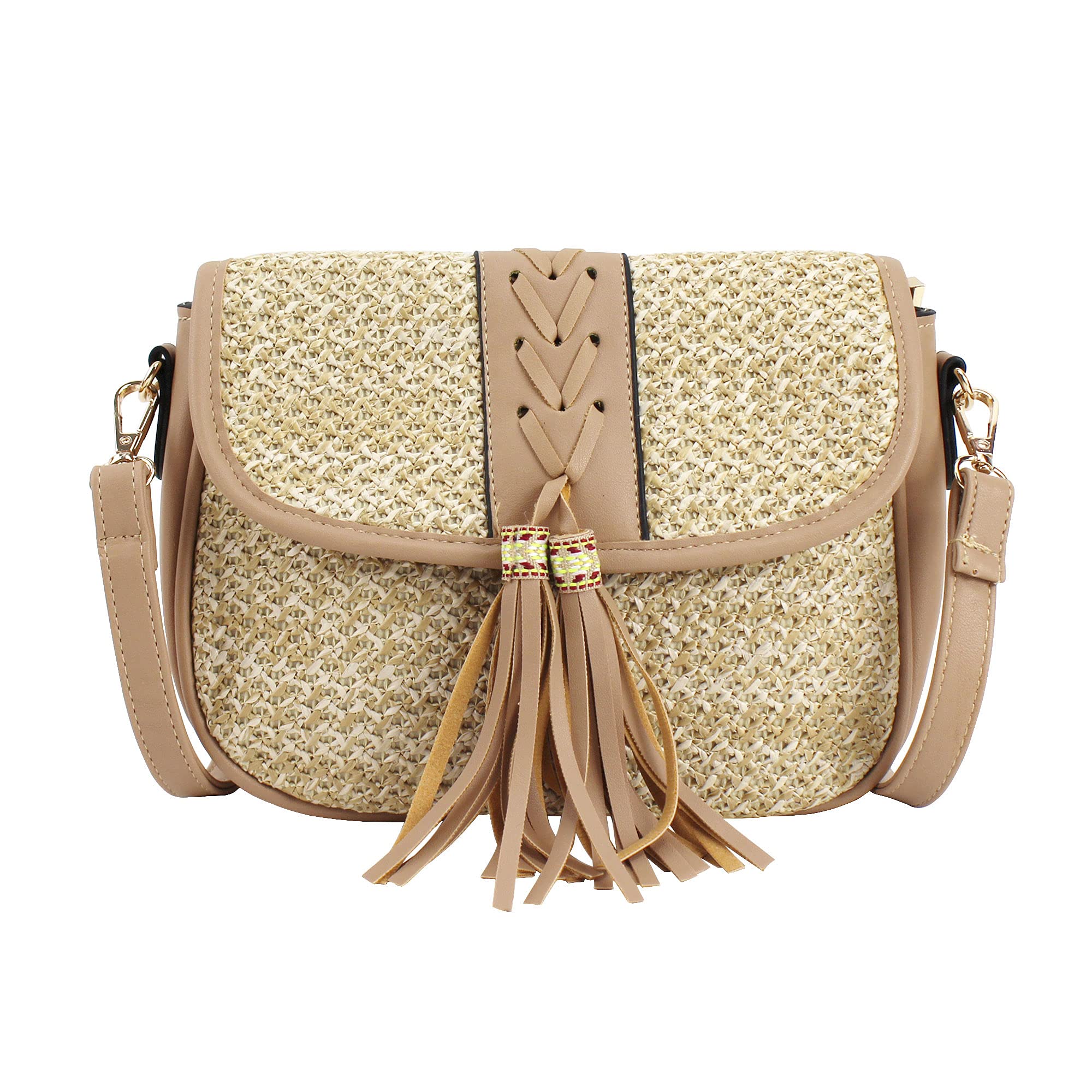 Van Caro Handwoven Cotton Straw Shoulder Bag - Crochet Bohemian Beach Purse with Tassel for Women | Perfect for Summer Vacation, Pool Parties & Boho Fashion Accessories