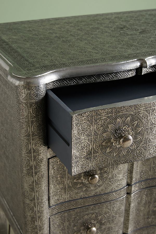 Hand Embossed 6-Drawer Dresser - Silver Metal Indian Style Chest of Drawers for Bedroom Storage & Home Decor