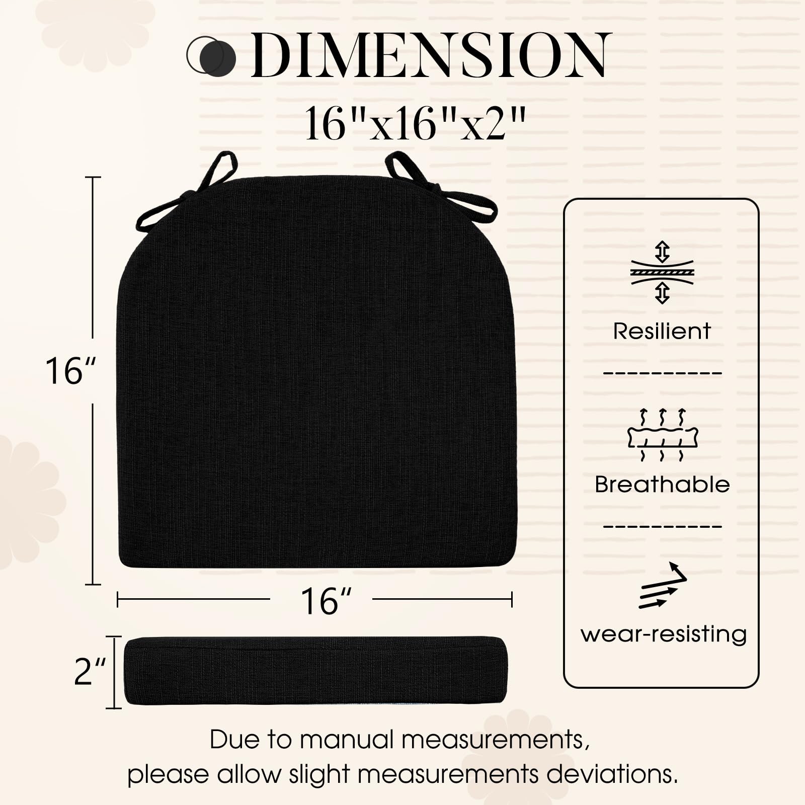6 Pack Non-Slip Dining Chair Cushions with Ties - 16x16 Inch Kitchen Chair Pads for Comfortable Seating - Perfect for Dining Room, Kitchen, Office & Outdoor Use (Black)