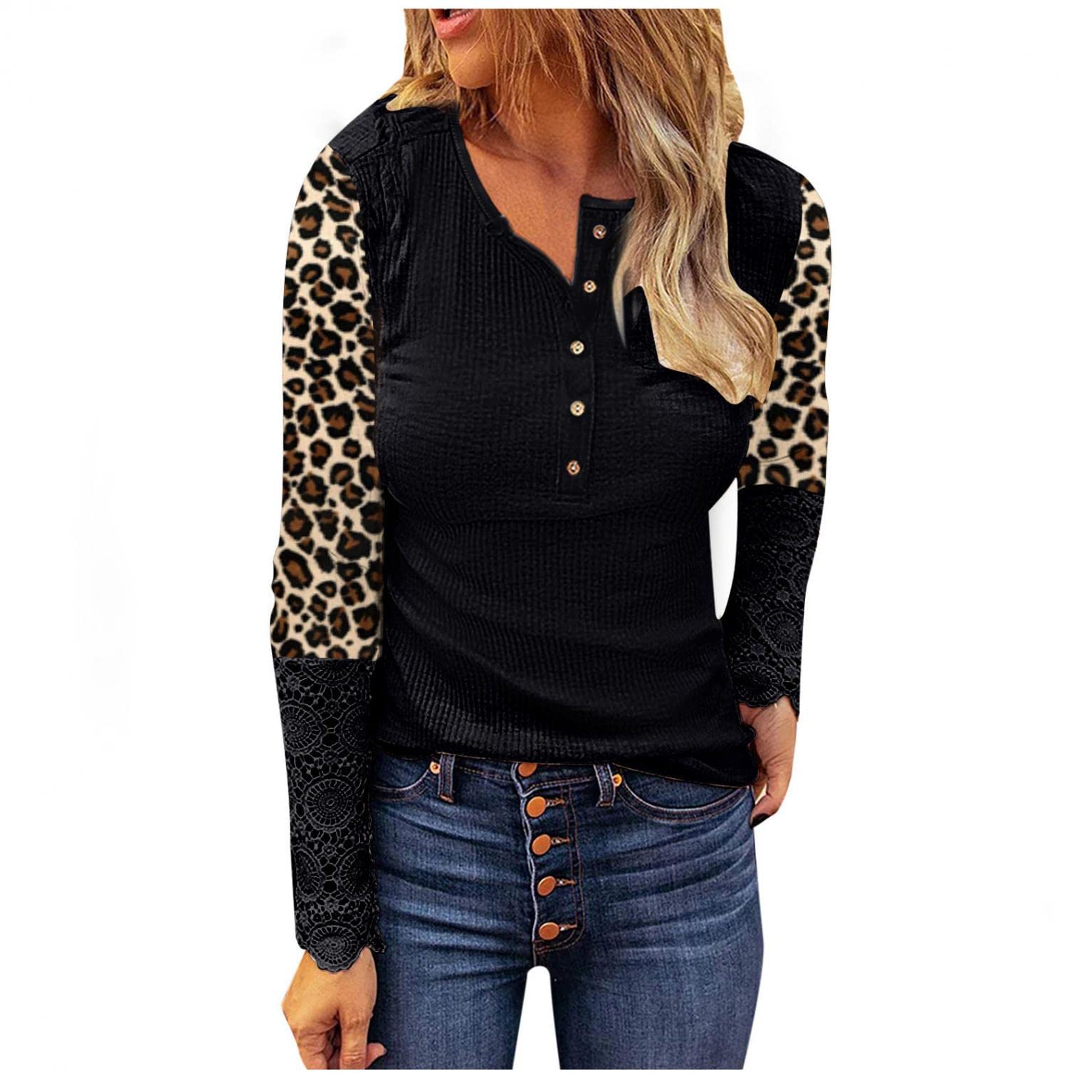 Women's Casual Fall Sleeveless Ribbed V-Neck Button Down Tunic Tops - Leopard Print T-Shirts for Everyday Wear & Layering Outfits