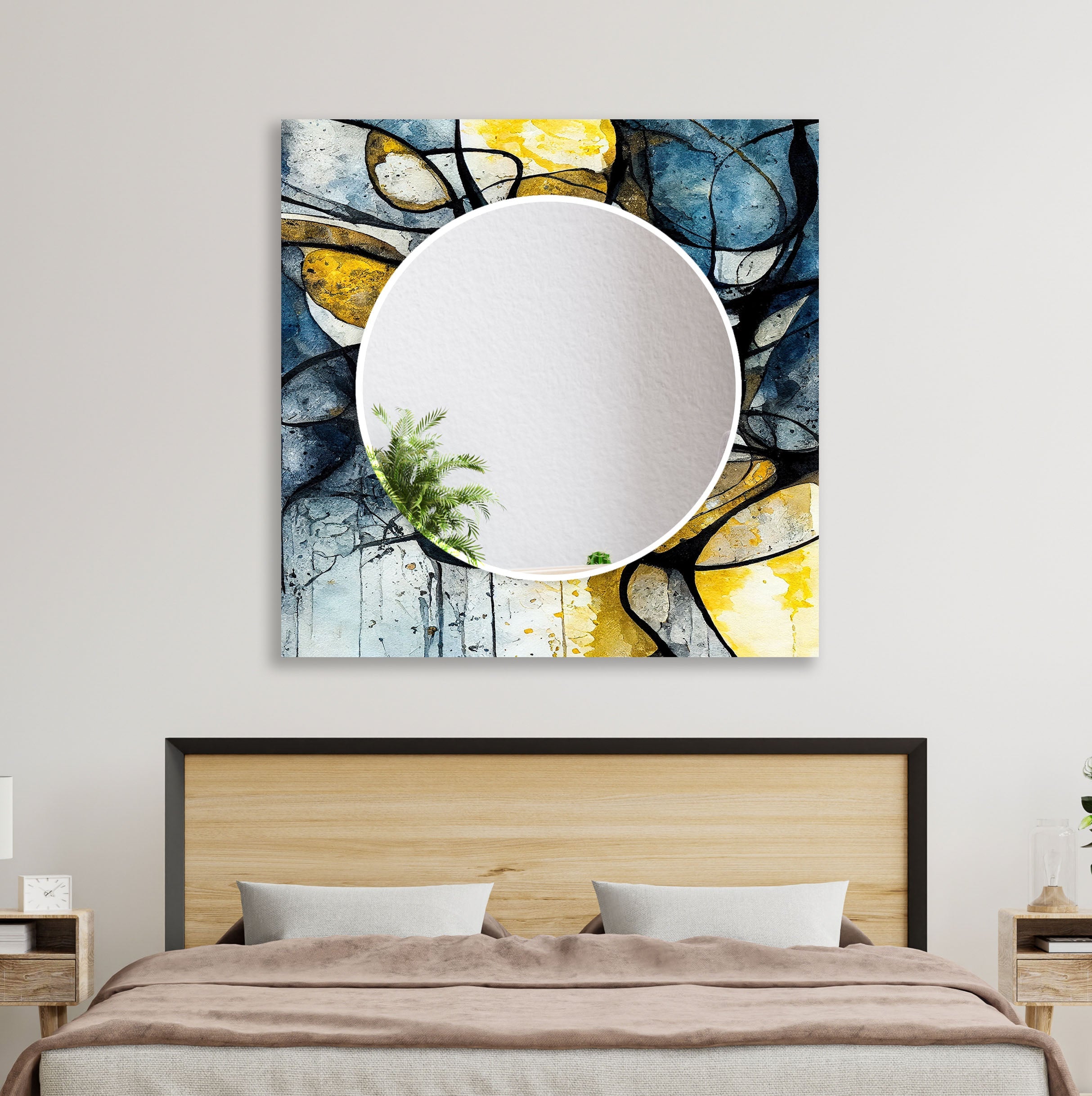 Abstract Wall Mirror in Blue and Yellow Ink - Modern Home Decor for Living Room, Bedroom, or Office