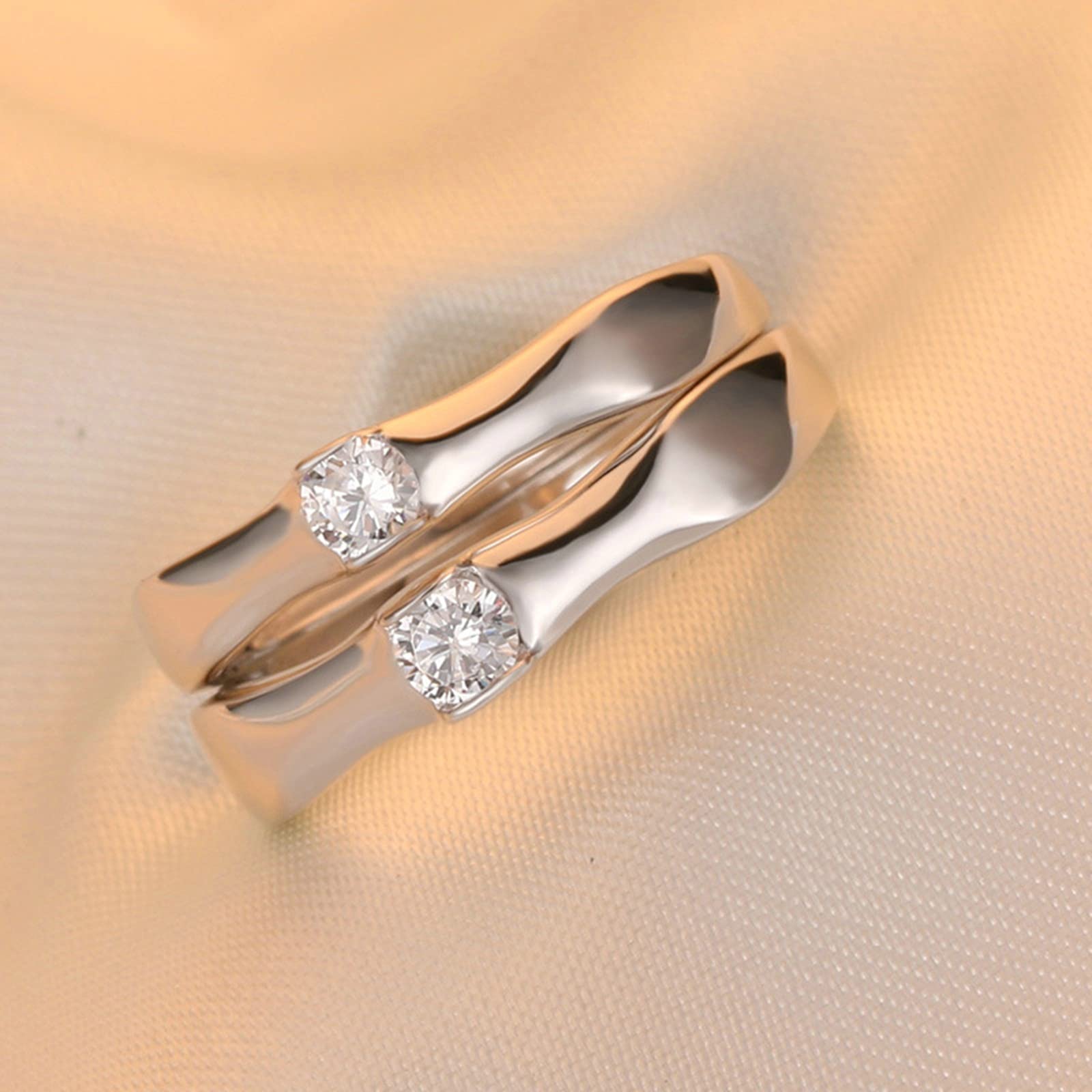 Sterling Silver Matching Wedding Bands Set with Cubic Zirconia Solitaire - Vintage Adjustable Engagement Rings for Couples | Perfect for Anniversaries, Proposals & Romantic Occasions