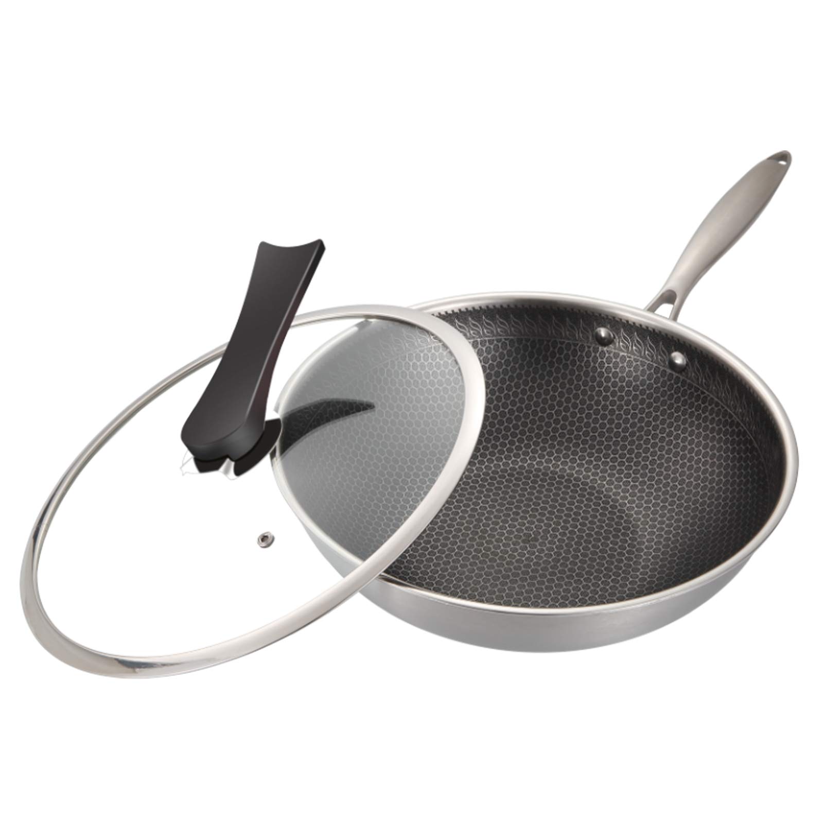 Homtoozhii Non-Stick Stainless Steel Fry Pan with Glass Lid - 10 Inch Flat Bottom Wok Saucepan for Fast & Even Heating - Perfect for Stir-Frying, Sautéing & Kitchen Cooking (Ideal for Gas, Electric & Induction Stoves)