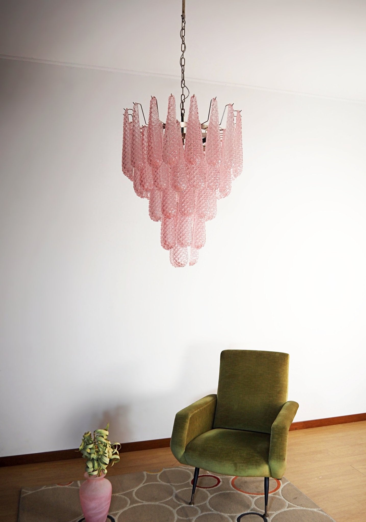 Murano Pink Glass Droplet Chandelier - Handmade Italian Crystal Pendant Light for Dining Room, Bedroom & Living Room Decor