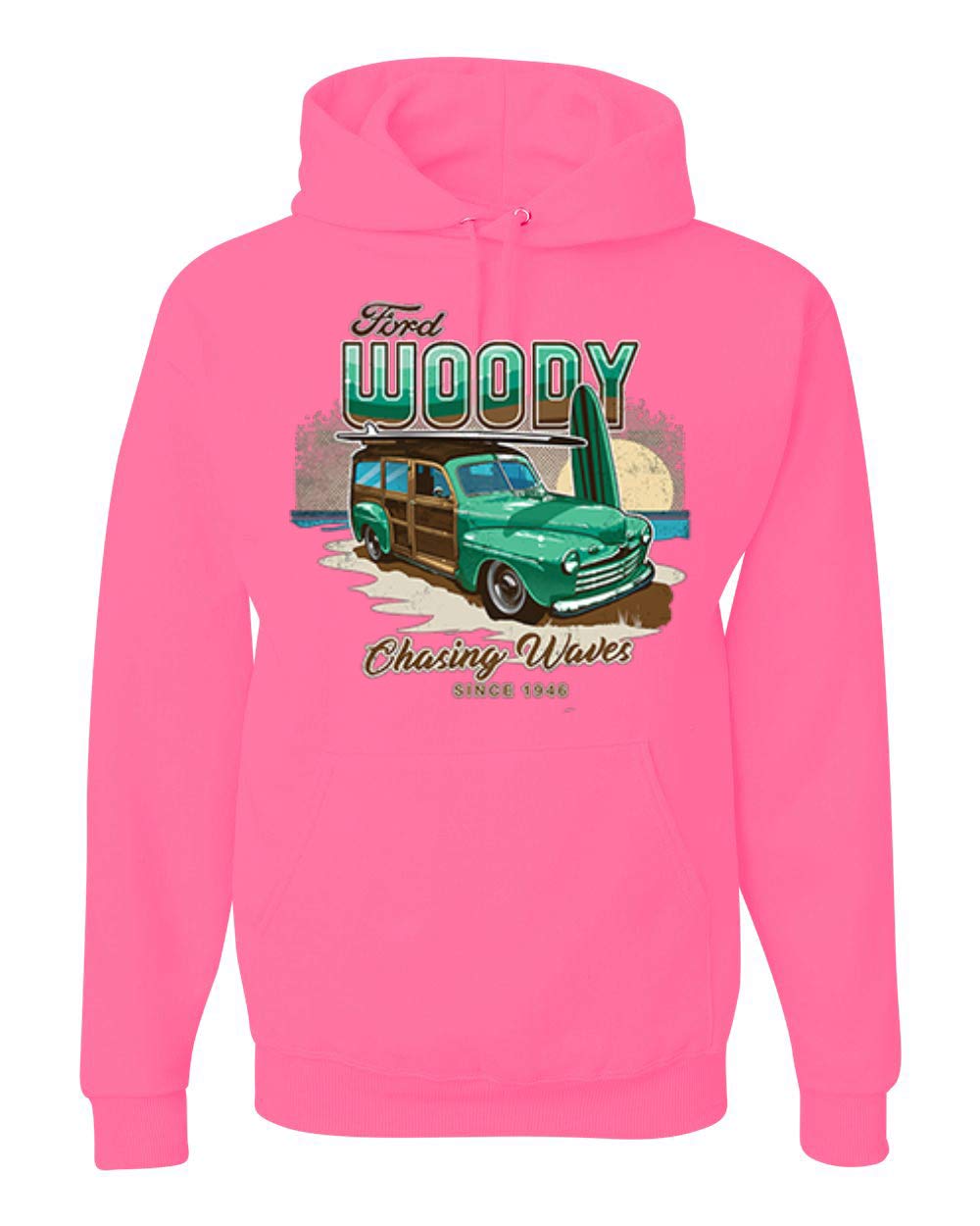 Vintage 1946 Ford Woody Chasing Waves Graphic Hoodie - Wild Bobby Retro Cars & Trucks Unisex Sweatshirt | Perfect for Beach Outings, Car Enthusiasts & Casual Streetwear