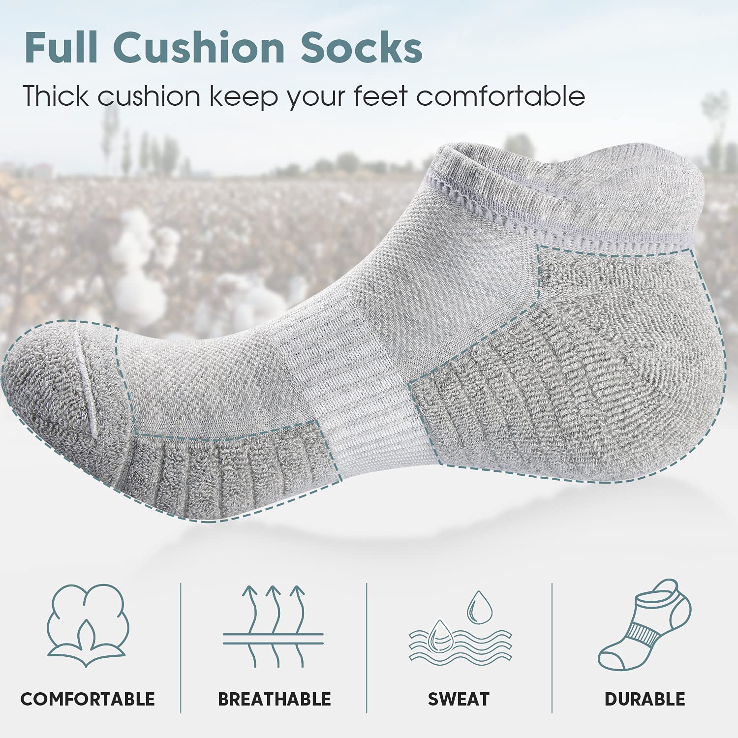 TANSTC Men's Athletic Socks - 6 Pairs Anti-Blister Cushioned Running Socks, Breathable Cotton Sports Socks for Jogging, Gym & Daily Wear