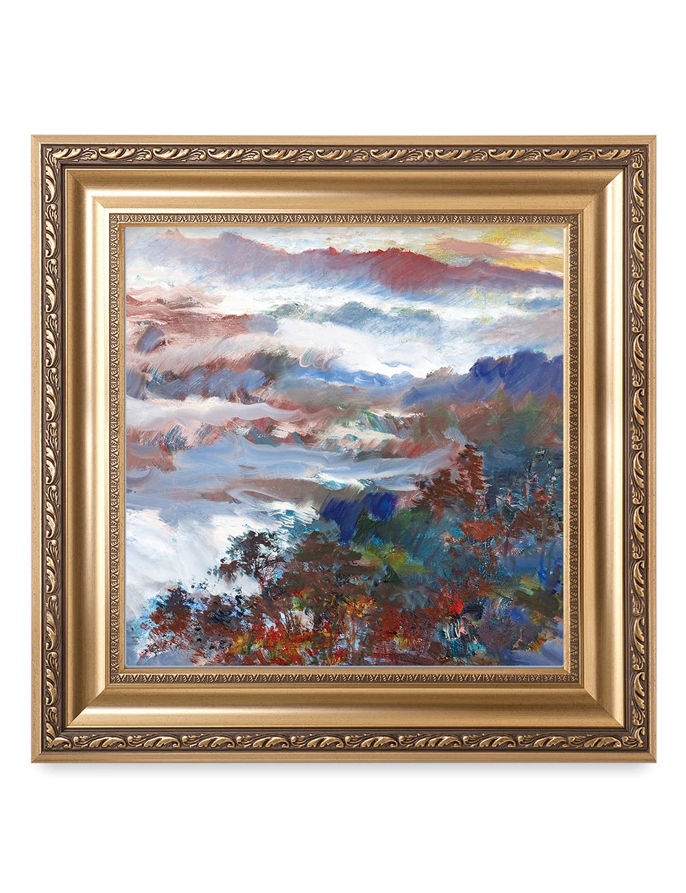 DECORARTS - David Ma Mountain Overlook Abstract Landscape Wall Art Print in Classic Golden Frame, 22x22 Inches, Ready to Hang - Perfect for Living Room, Bedroom & Office Decor