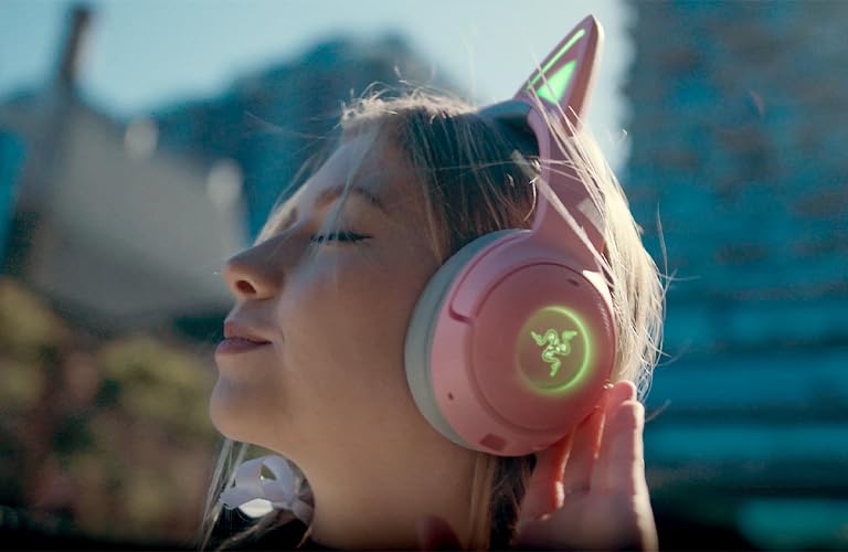 Razer Kraken Kitty V2 USB Wired RGB Gaming Headset with Chroma Lighting - HyperClear Cardioid Mic - 40mm Triforce Drivers - 7.1 Surround Sound - Quartz Pink (Renewed) - Perfect for Streaming, Gaming & Content Creation