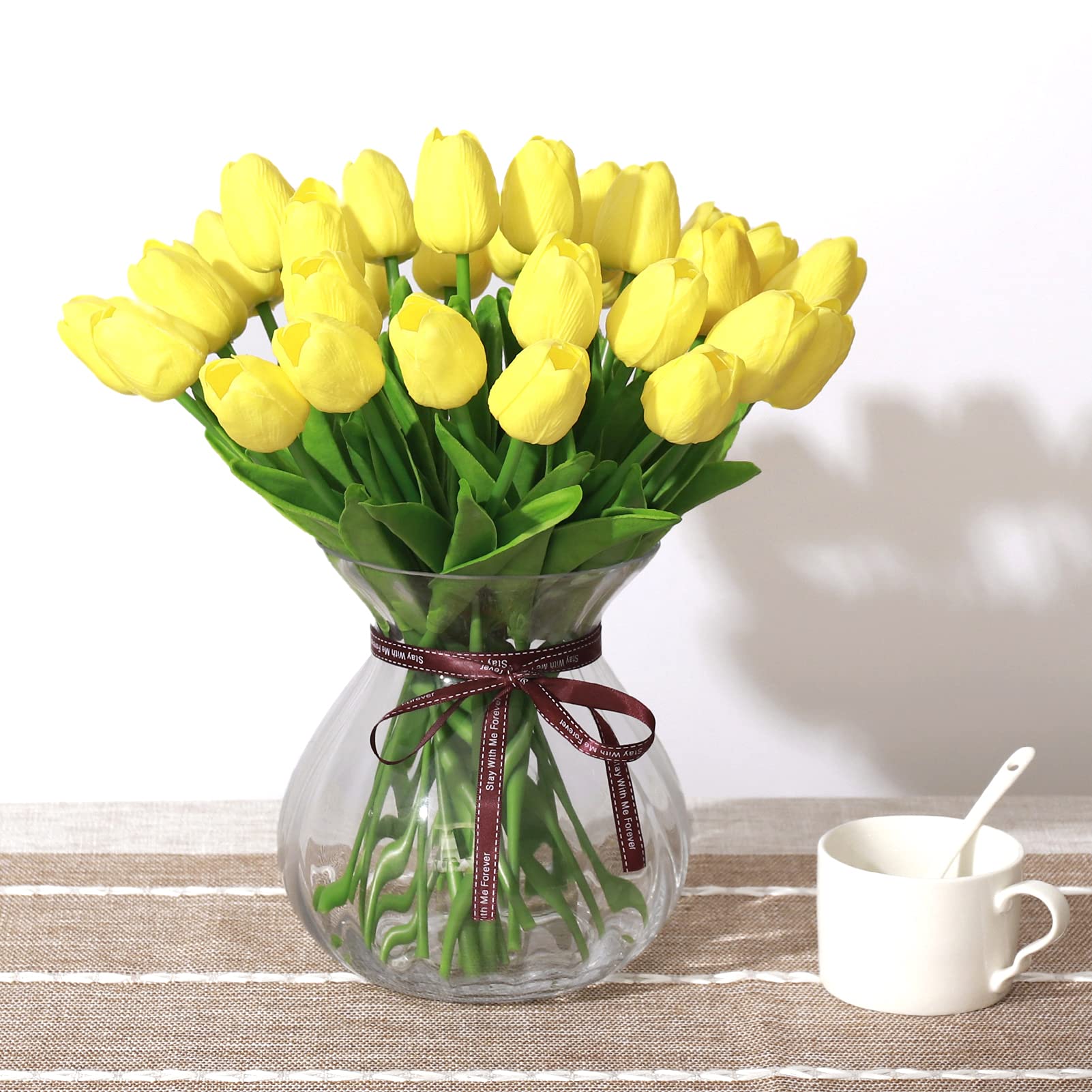 20 Pcs Real Touch Yellow Artificial Tulips - PU Faux Flowers Bouquet for Home, Office, Wedding & Party Decor | Perfect for Centerpieces, Tablescapes & DIY Floral Arrangements