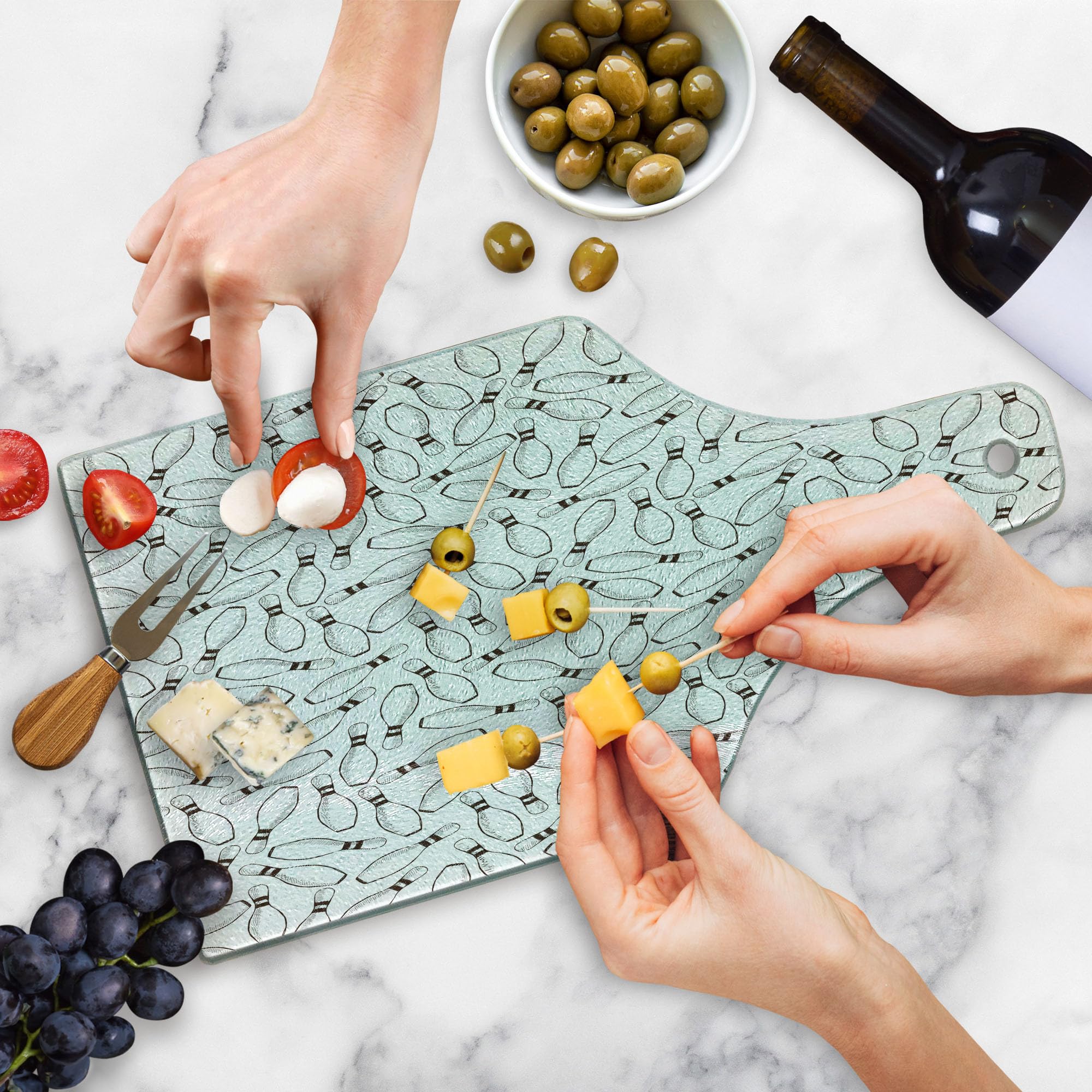 Ambesonne Bowling Party Tempered Glass Cutting Board - Sketchy Bowling Pins Hand-Drawn Design, Monochrome Decorative Serving Board for Cheese, Charcuterie & Wine - Perfect for Game Nights, Parties & Kitchen Decor (Dark Brown/White)