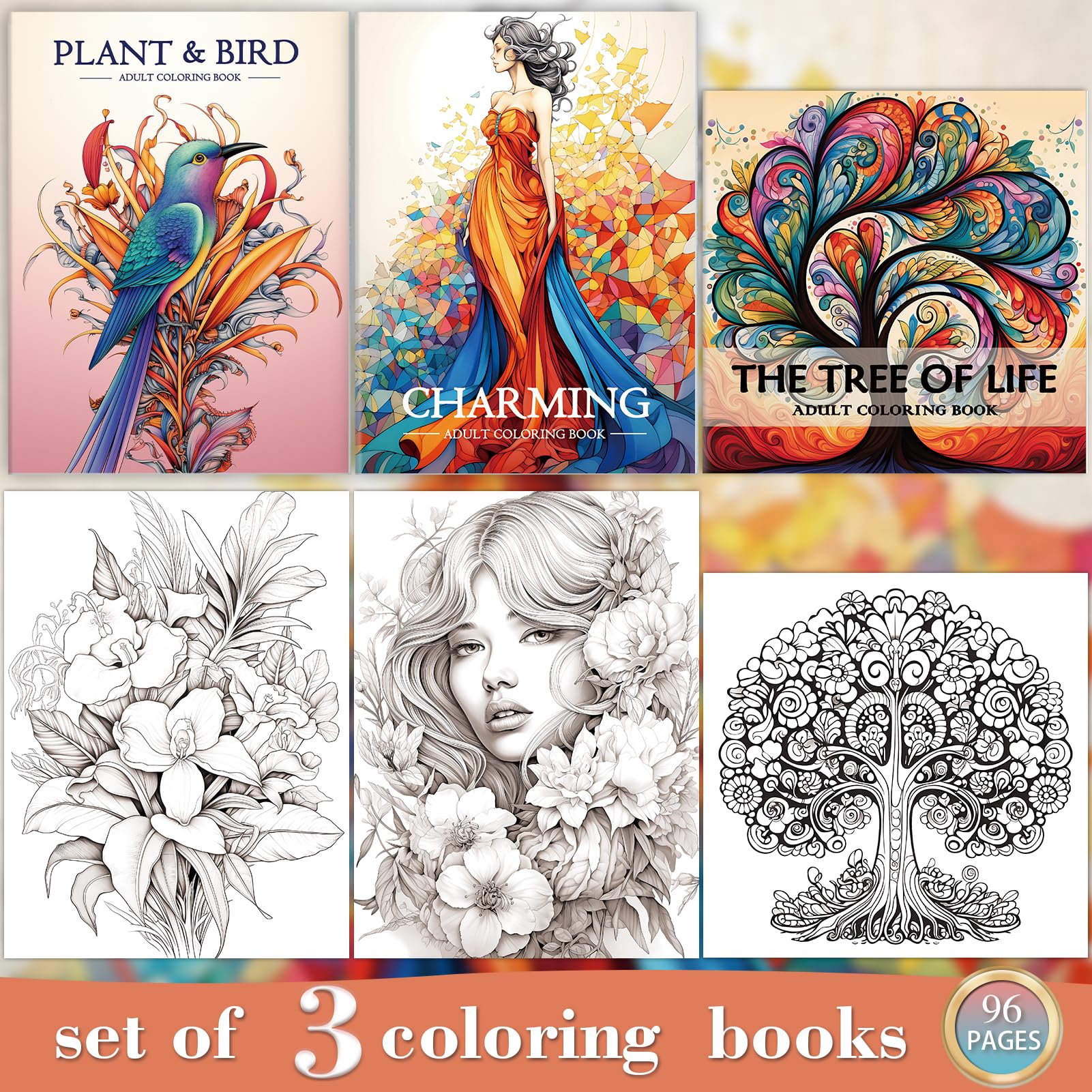 Premium Adult Coloring Books Set of 3 - 96 Pages Stress Relief & Mindfulness Coloring Books for Women, Anxiety Relief & Relaxation - Perfect for Meditation, Art Therapy & Creative Gift Ideas