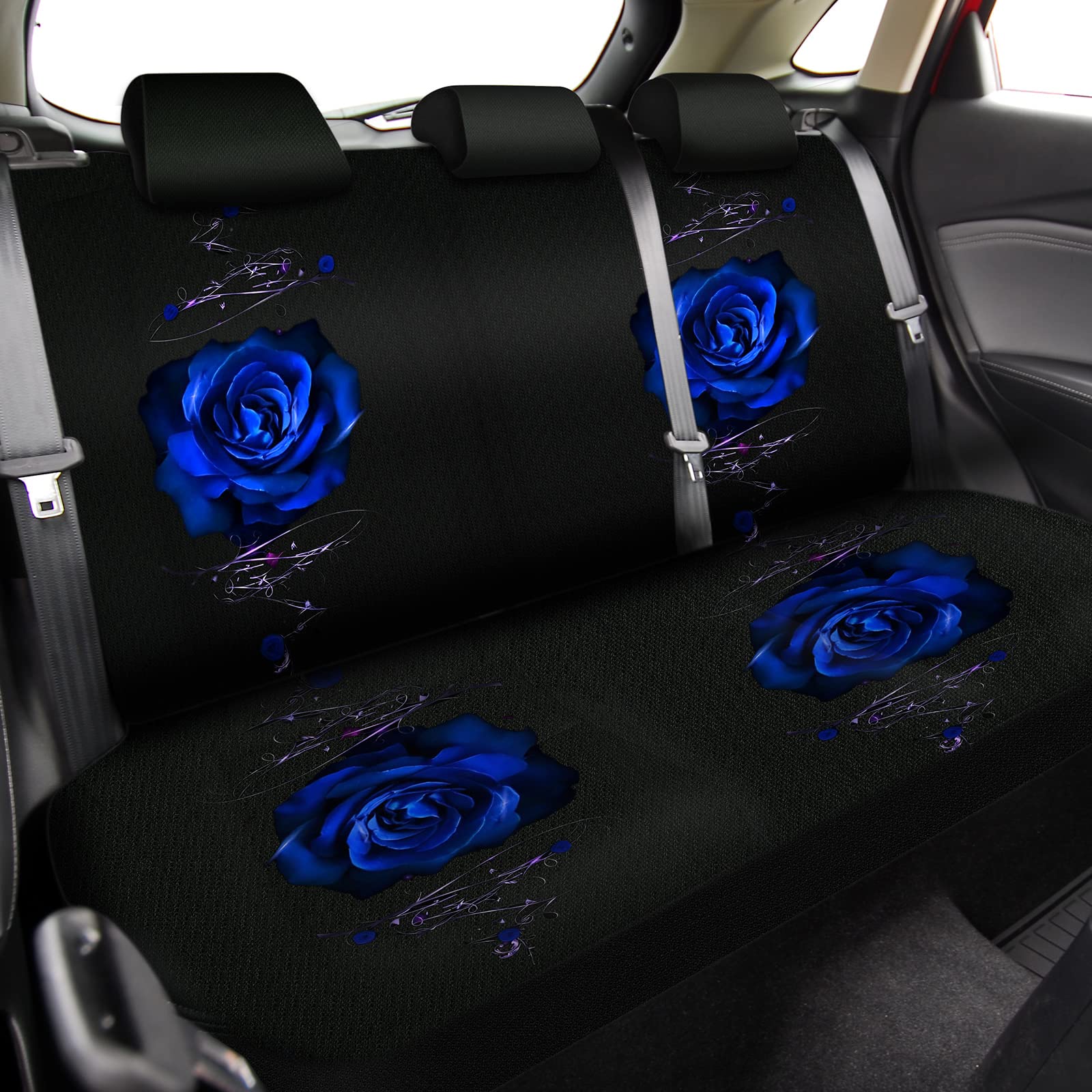 15-Piece Rose Flower Car Seat Covers Set for Women - Universal Fit with Rubber Steering Wheel Cover, Armrest & Seatbelt Covers - Front & Rear Backrest Protection - Soft Polyester Fabric (Blue) - Perfect for Daily Commute, Road Trips & Car Interior Decoration