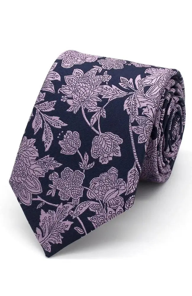 L A Smith Lilac On Navy Bold Floral Tie and Pocket Square Set - Elegant Accessories for Weddings, Parties & Formal Events