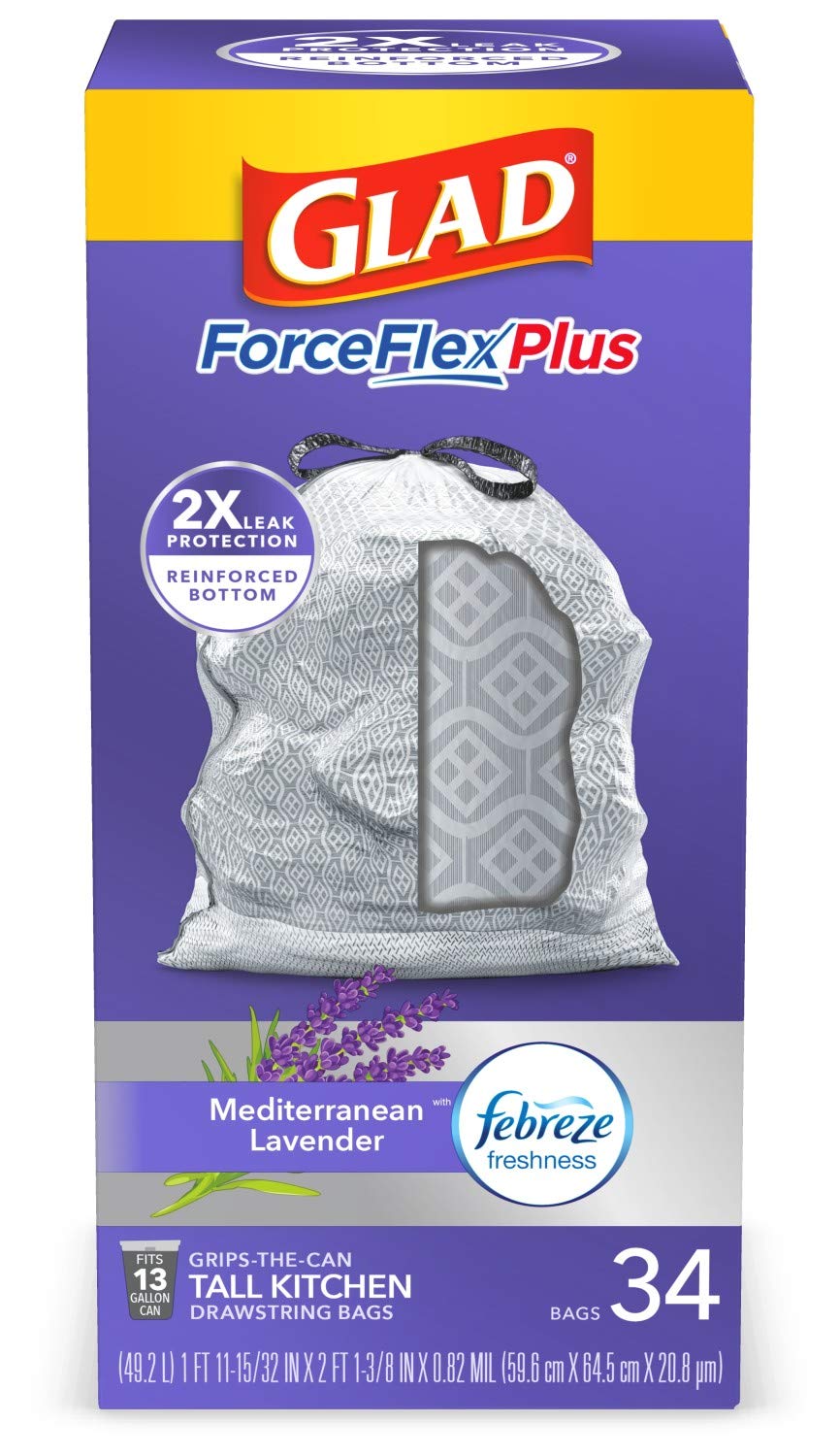 Glad ForceFlexPlus Tall 13 Gallon Drawstring Trash Bags with Febreze Freshness - Lavender Scented Heavy Duty Garbage Bags (34 Count) for Kitchen, Bathroom & Office Waste Disposal