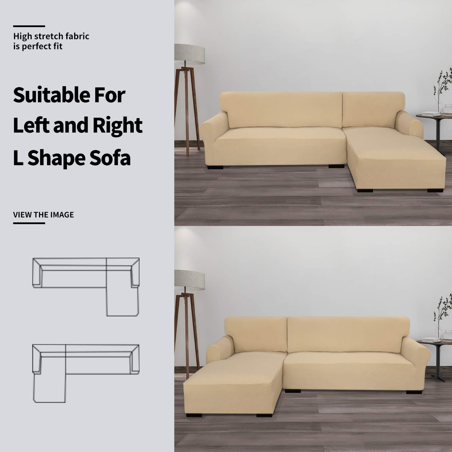 Stretch L-Shaped Sofa Slipcover 2-Piece Set - Jacquard Fabric Sectional Couch Cover with Elastic Bottom for Pets & Kids - Large Sand Color - Perfect for Living Room, Family Room & Pet-Friendly Homes